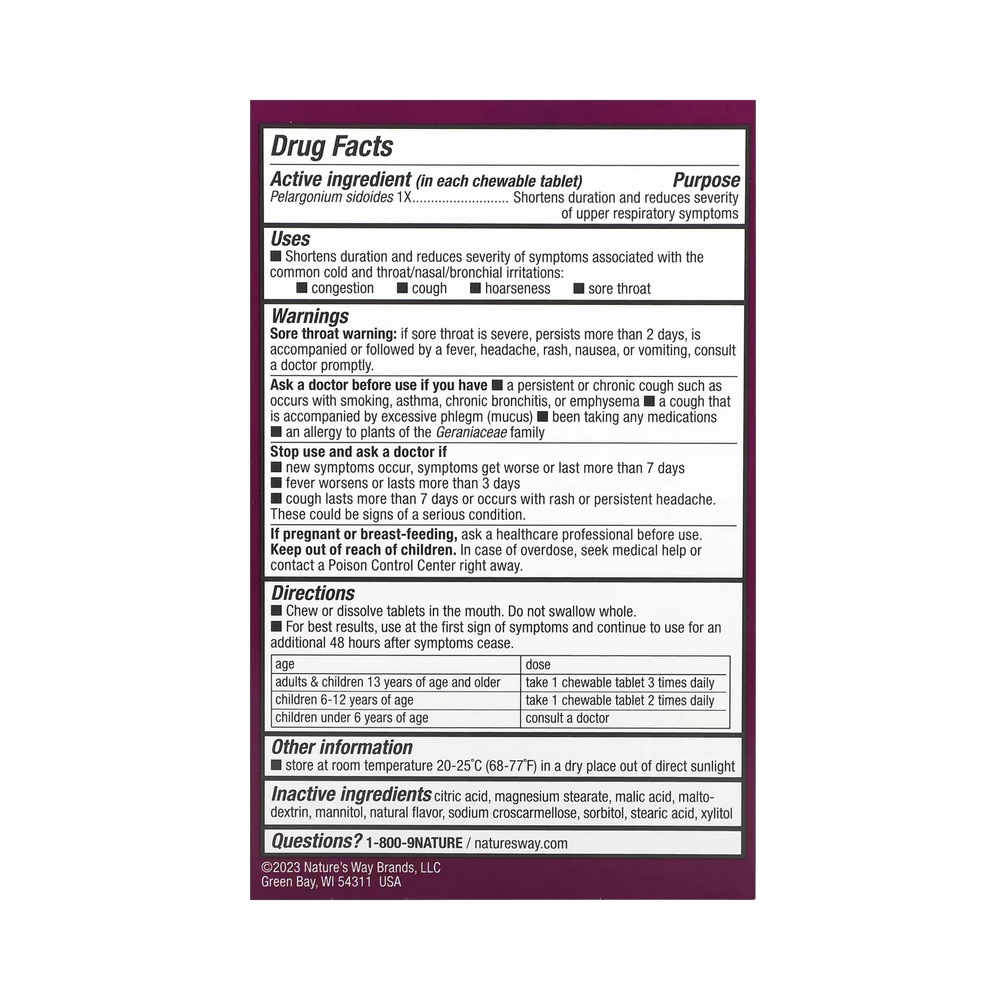 Nature's Way, Umcka, Kids Cold Relief, Non-Drowsy, For Ages 6+, Cherry, 10 Chewable Tablets