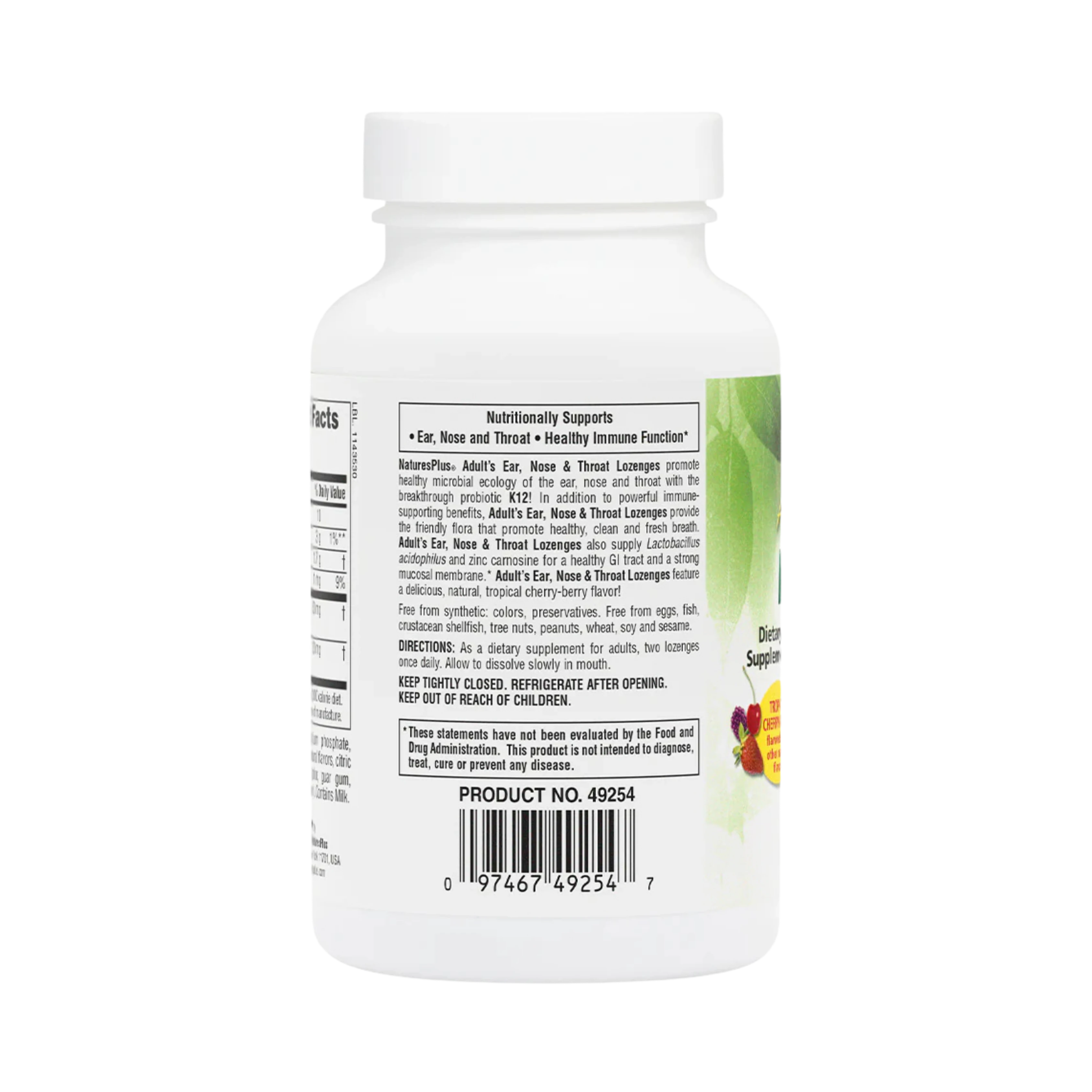 NaturesPlus, Adult's Ear, Nose & Throat Lozenges with K12 Probiotics, Natural Tropical Cherry-Berry, 60 Lozenges