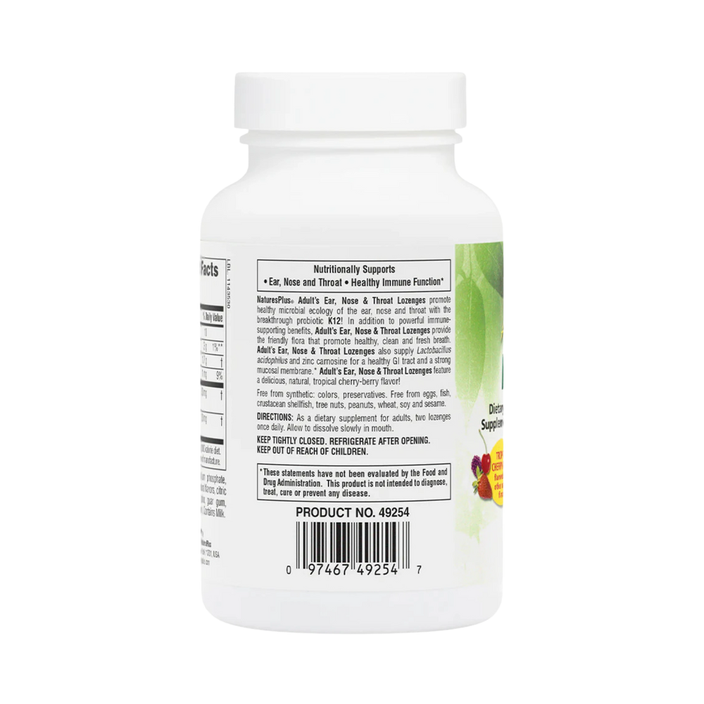 NaturesPlus, Adult's Ear, Nose & Throat Lozenges with K12 Probiotics, Natural Tropical Cherry-Berry, 60 Lozenges