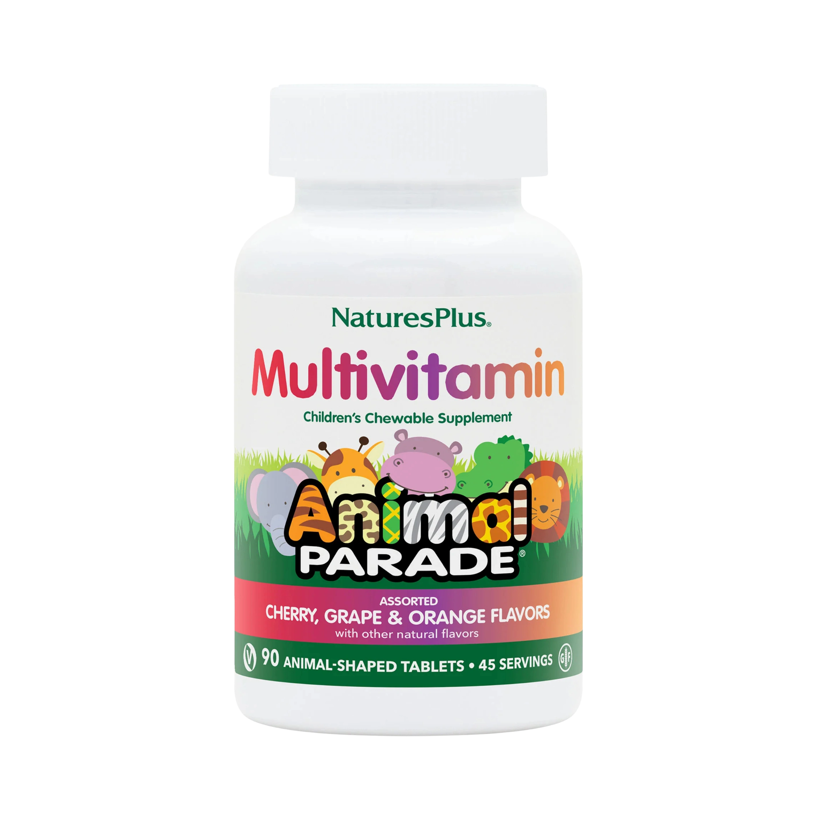 NaturesPlus, Animal Parade, Children's Chewable Multivitamin, Cherry, Grape & Orange, 90 Animal-Shaped Tablets