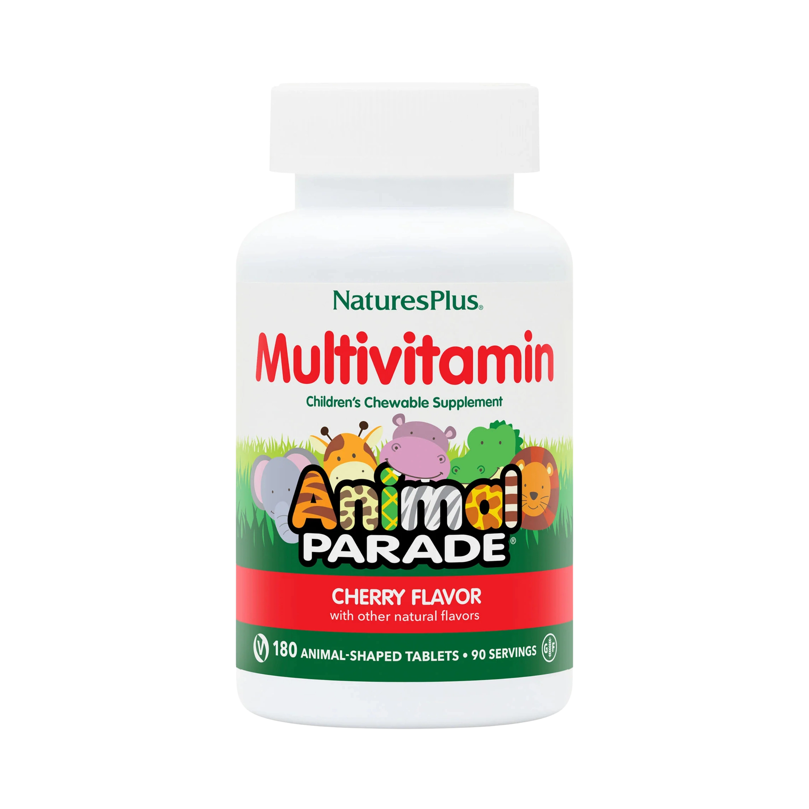 NaturesPlus, Animal Parade, Children's Chewable Multivitamin Supplement, Cherry, 180 Animal-Shaped Tablets