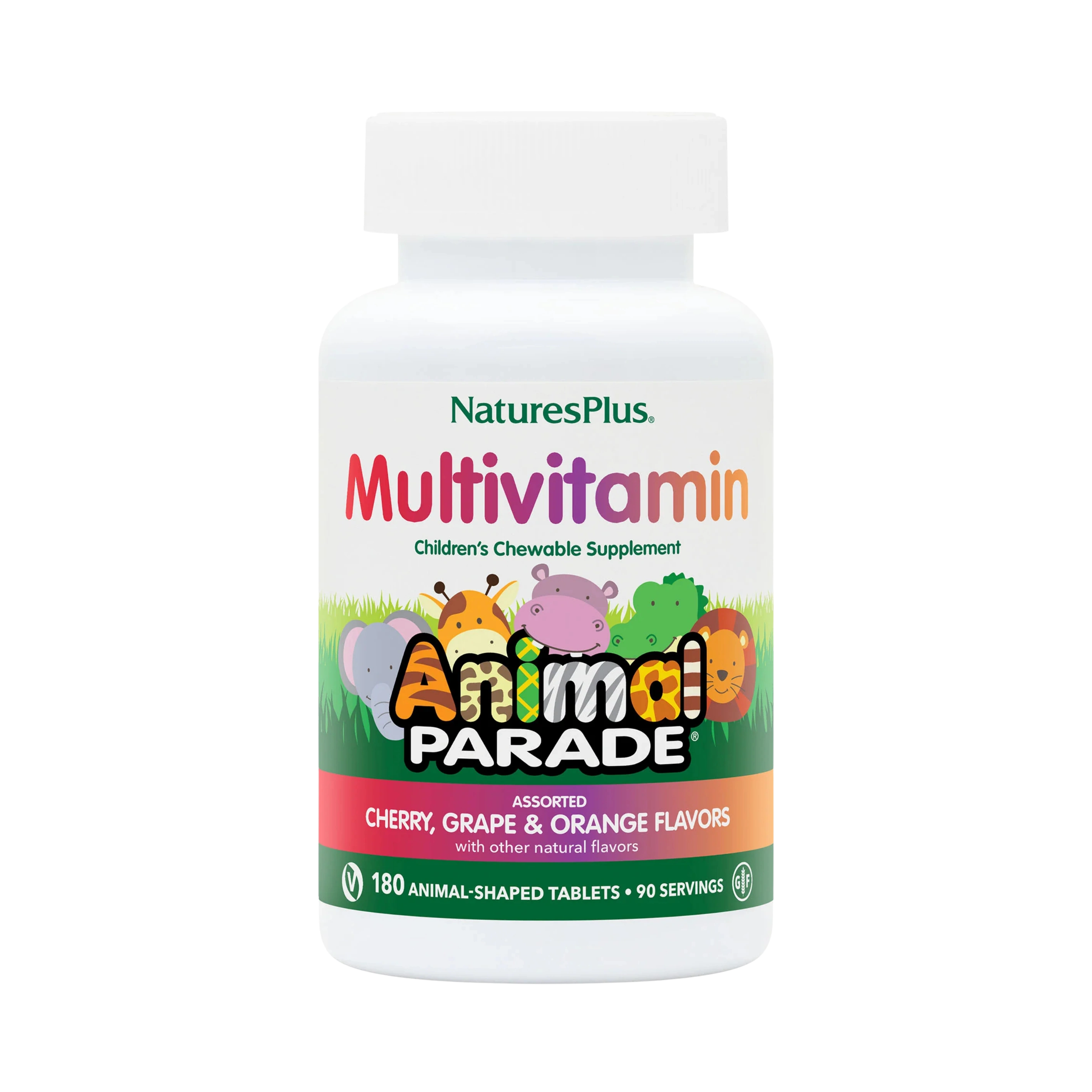 NaturesPlus, Animal Parade, Children's Chewable Multivitamin Supplement, Cherry, Grape & Orange, 180 Animal-Shaped Tablets