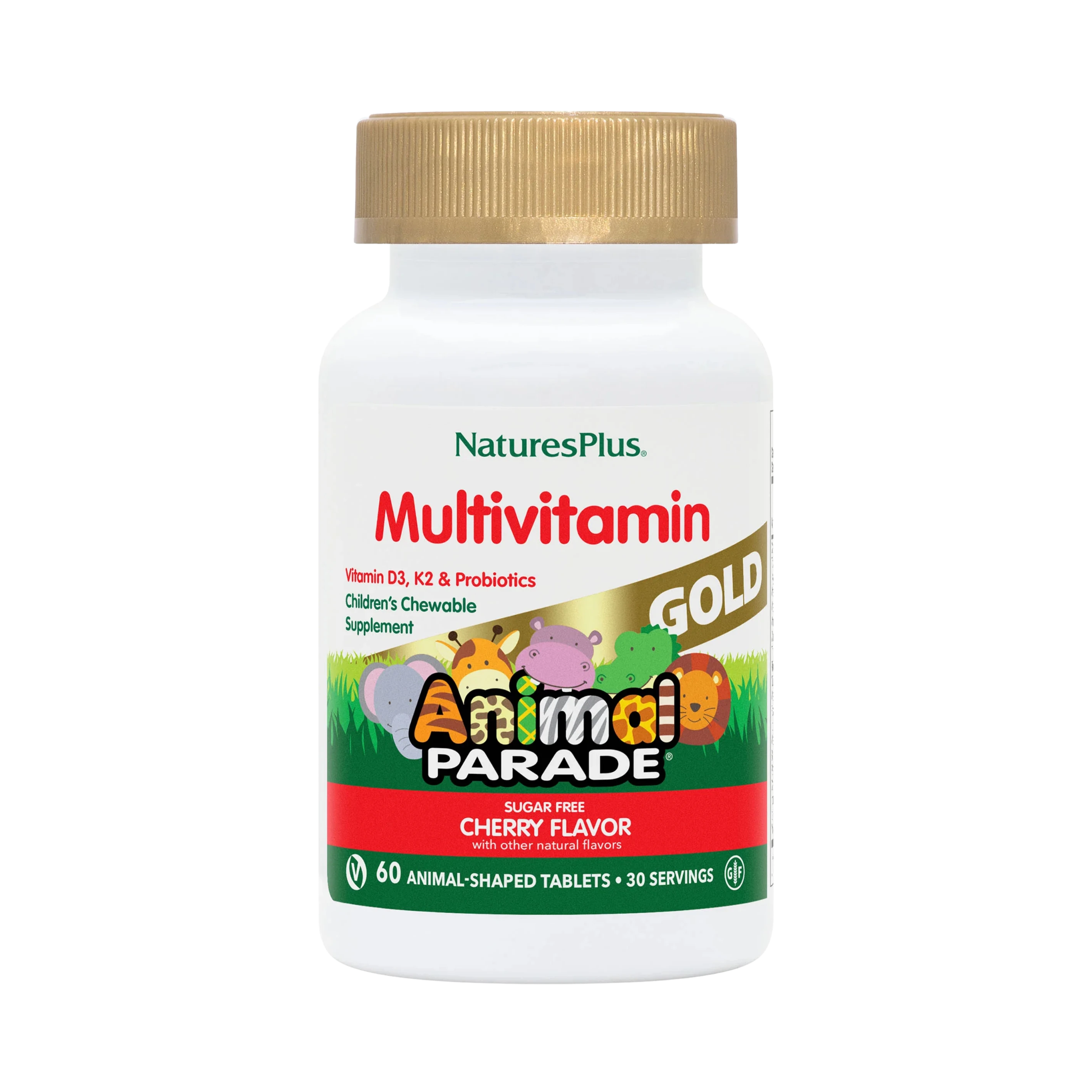 NaturesPlus, Animal Parade Gold, Children's Chewable Multivitamin Supplement, Cherry, 60 Animal-Shaped Tablets