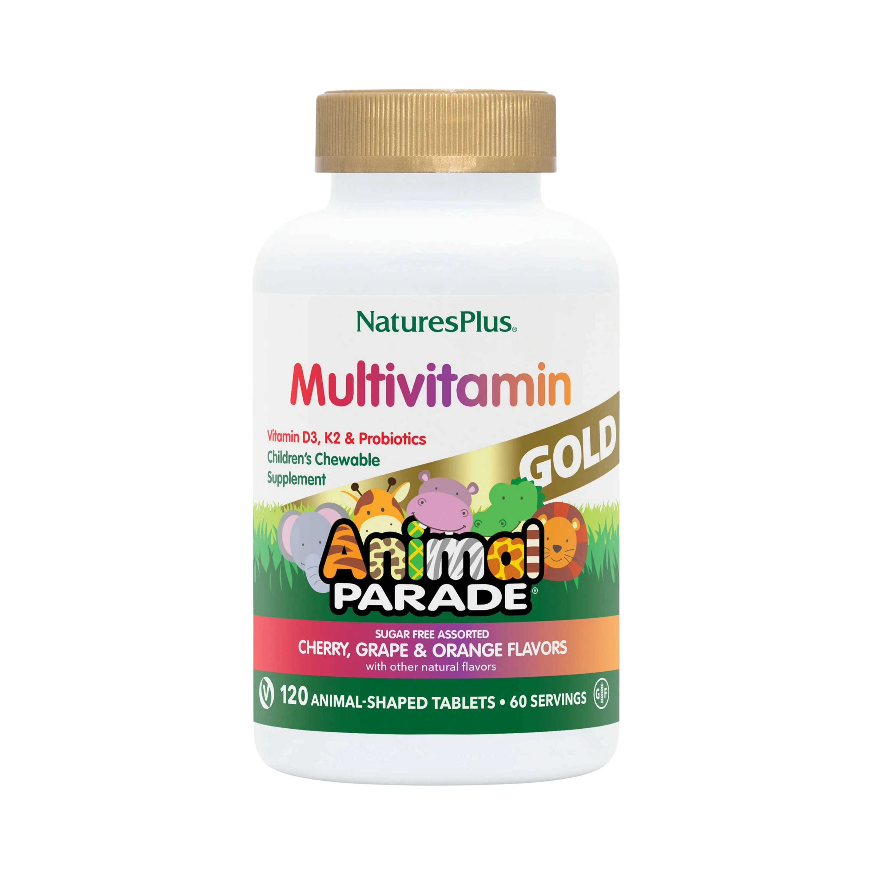 NaturesPlus, Animal Parade Gold, Children's Chewable Multivitamin Supplement, Cherry, Grape & Orange, 120 Animal-Shaped Tablets