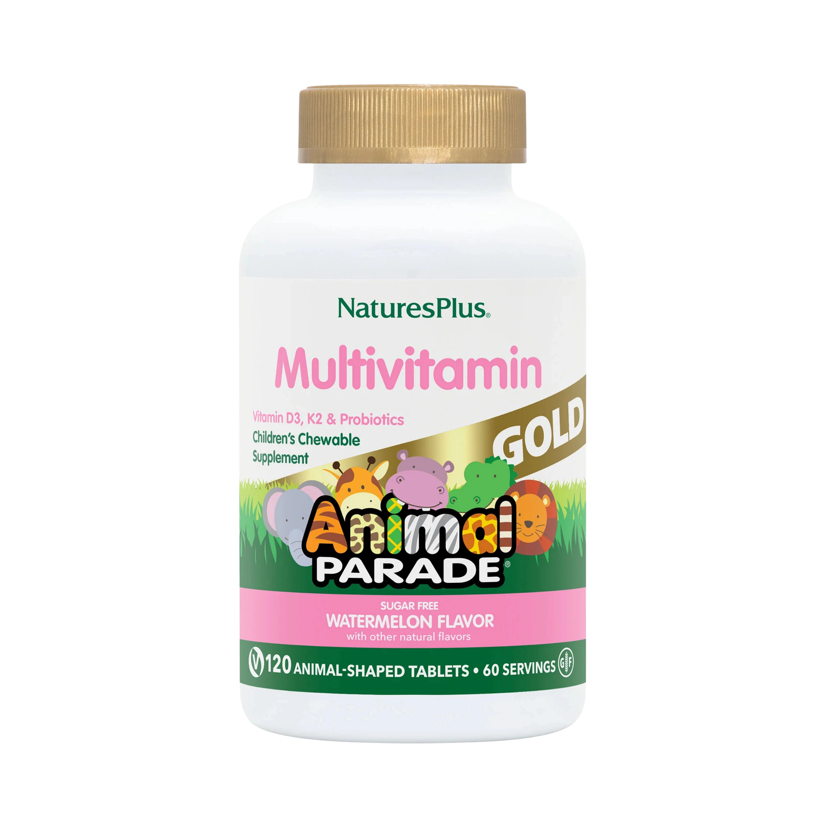 NaturesPlus, Animal Parade Gold, Children's Chewable Multivitamin Supplement, Watermelon, 120 Animal-Shaped Tablets