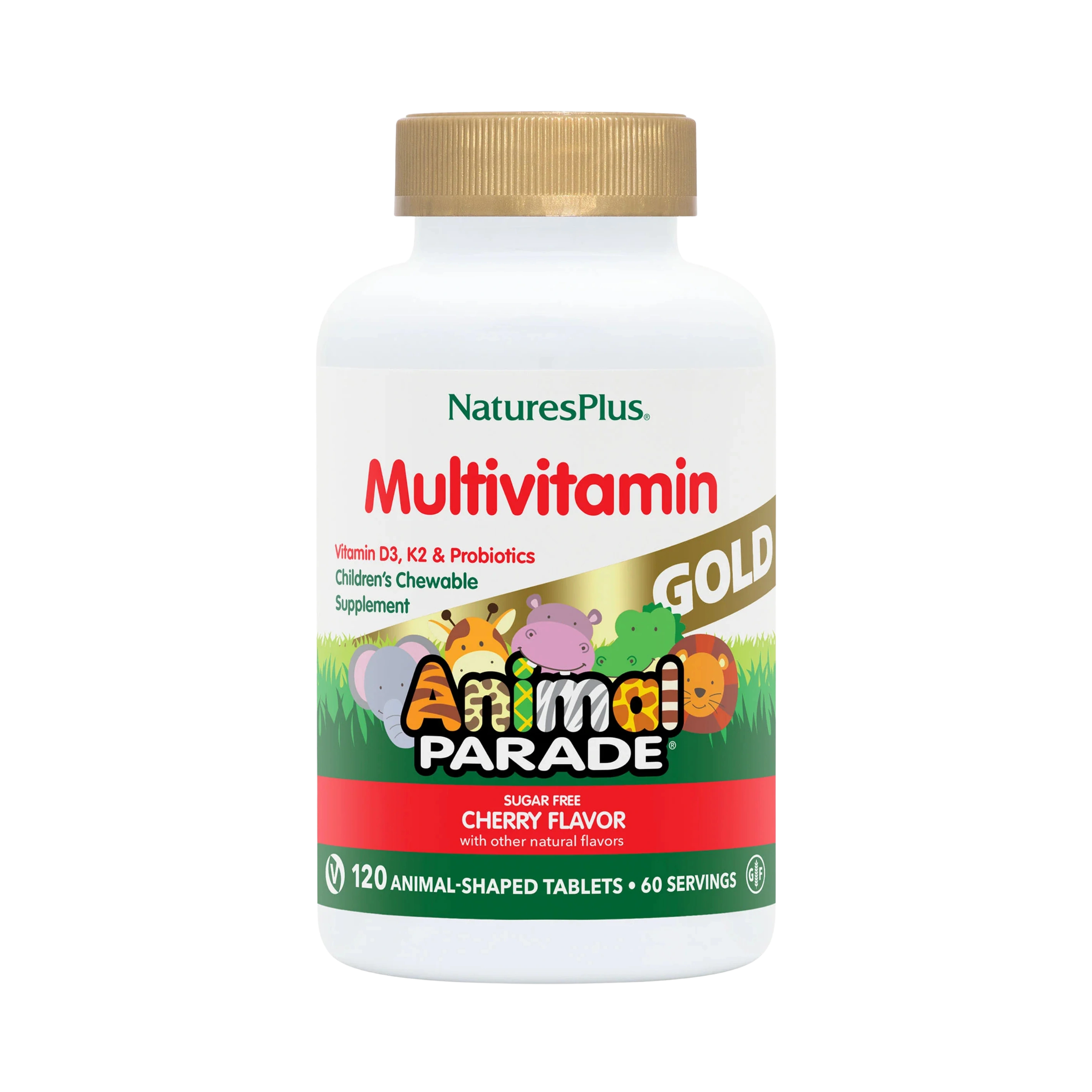NaturesPlus, Animal Parade Gold, Children's Chewable Supplement, Cherry, 120 Animal-Shaped Tablets