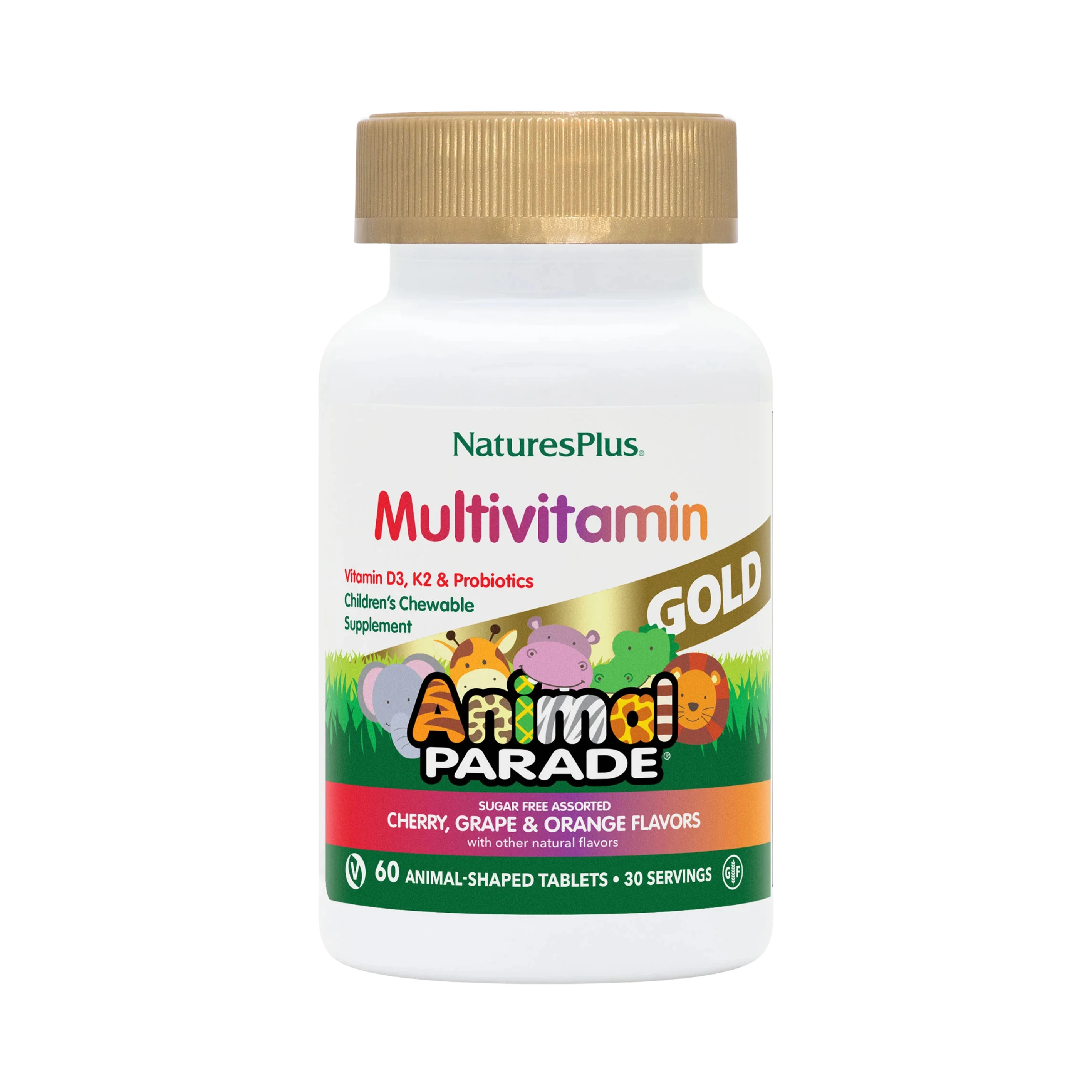 NaturesPlus, Animal Parade Gold, Children's Chewable Supplement, Cherry, Grape & Orange, 60 Animal-Shaped Tablets