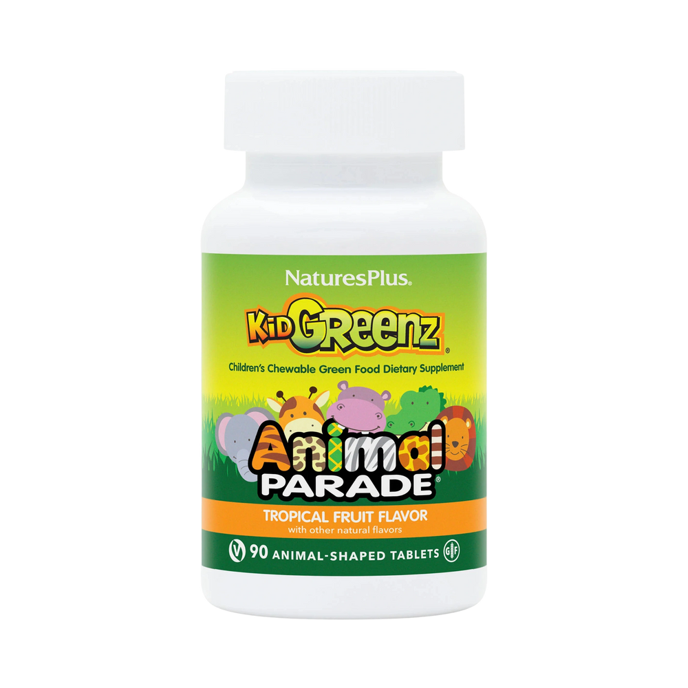 NaturesPlus, Animal Parade, Kid Greenz, Children's Chewable Green Food Supplement, Tropical Fruit, 90 Animal-Shaped Tablets