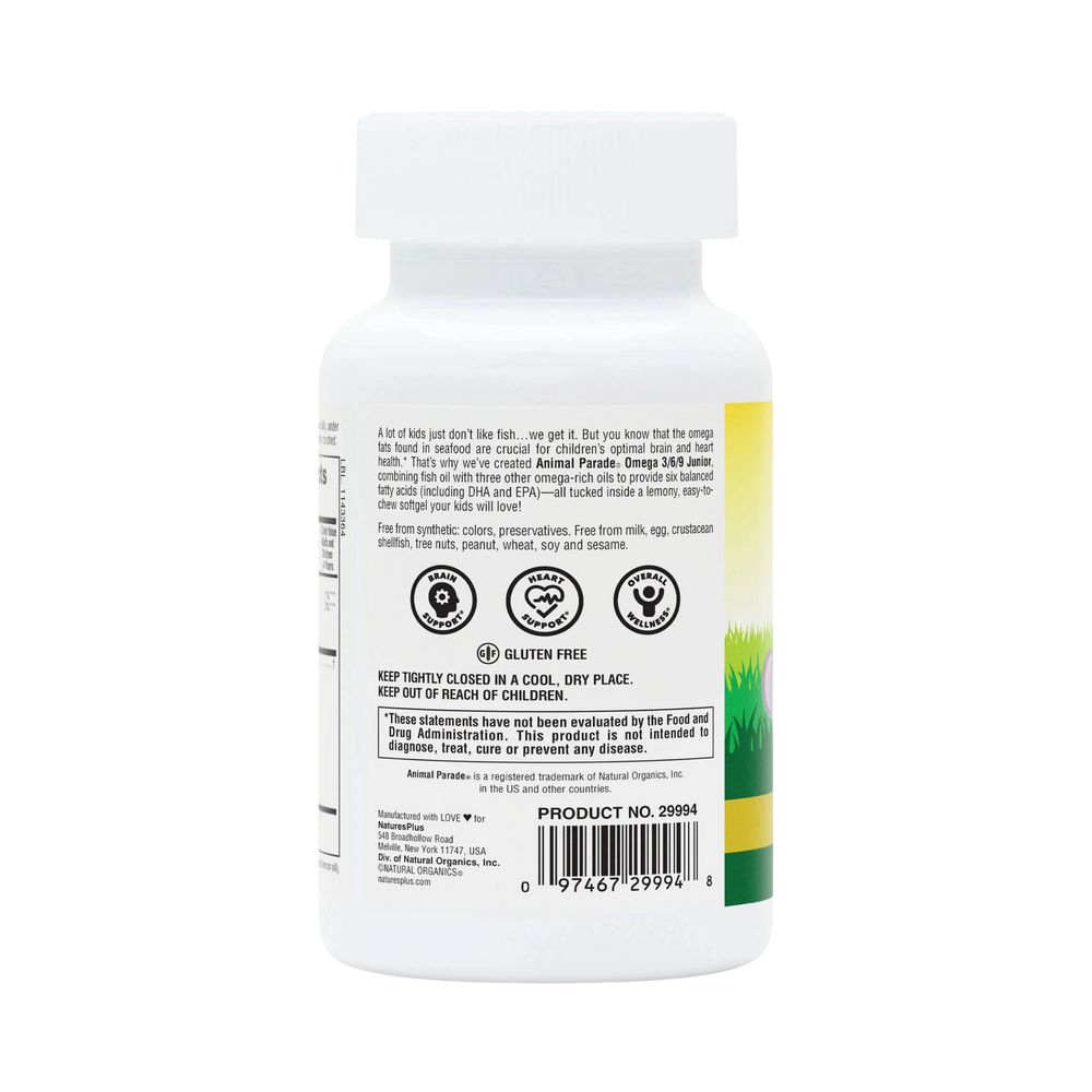 NaturesPlus, Animal Parade, Omega 3/6/9 Junior, Natural Lemon, 90 Chewable Softgels