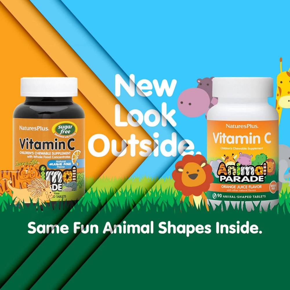 NaturesPlus, Animal Parade, Vitamin C, Children's Chewable Supplement, Sugar Free, Orange Juice, 90 Animal-Shaped Tablets