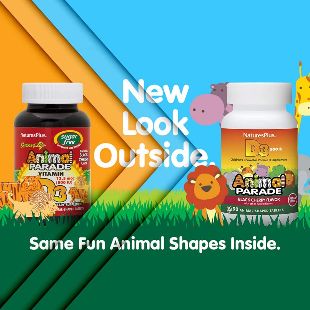 NaturesPlus, Animal Parade, Vitamin D3, Sugar Free, Black Cherry, 12.5 Mcg, 90 Animal-Shaped Tablets