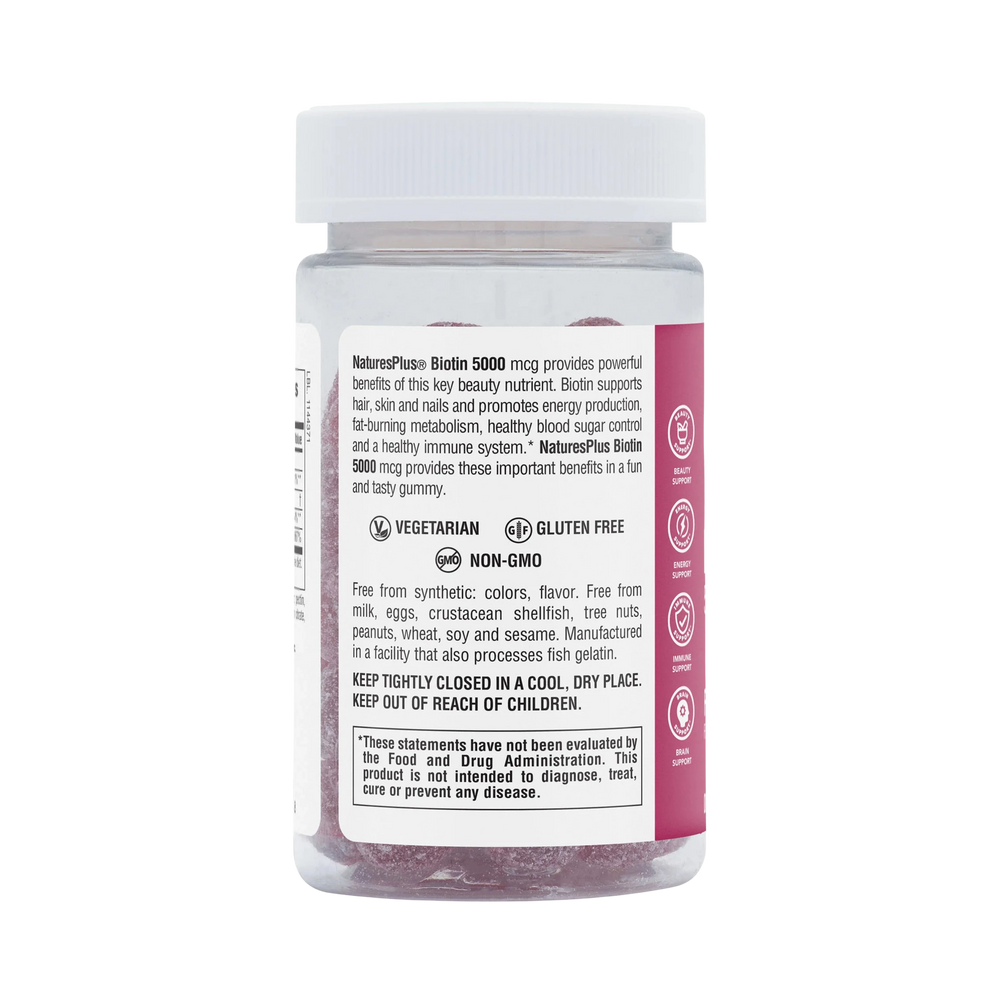 NaturesPlus, Biotin Gummies, Raspberry, 5,000 Mcg, 60 Gummies