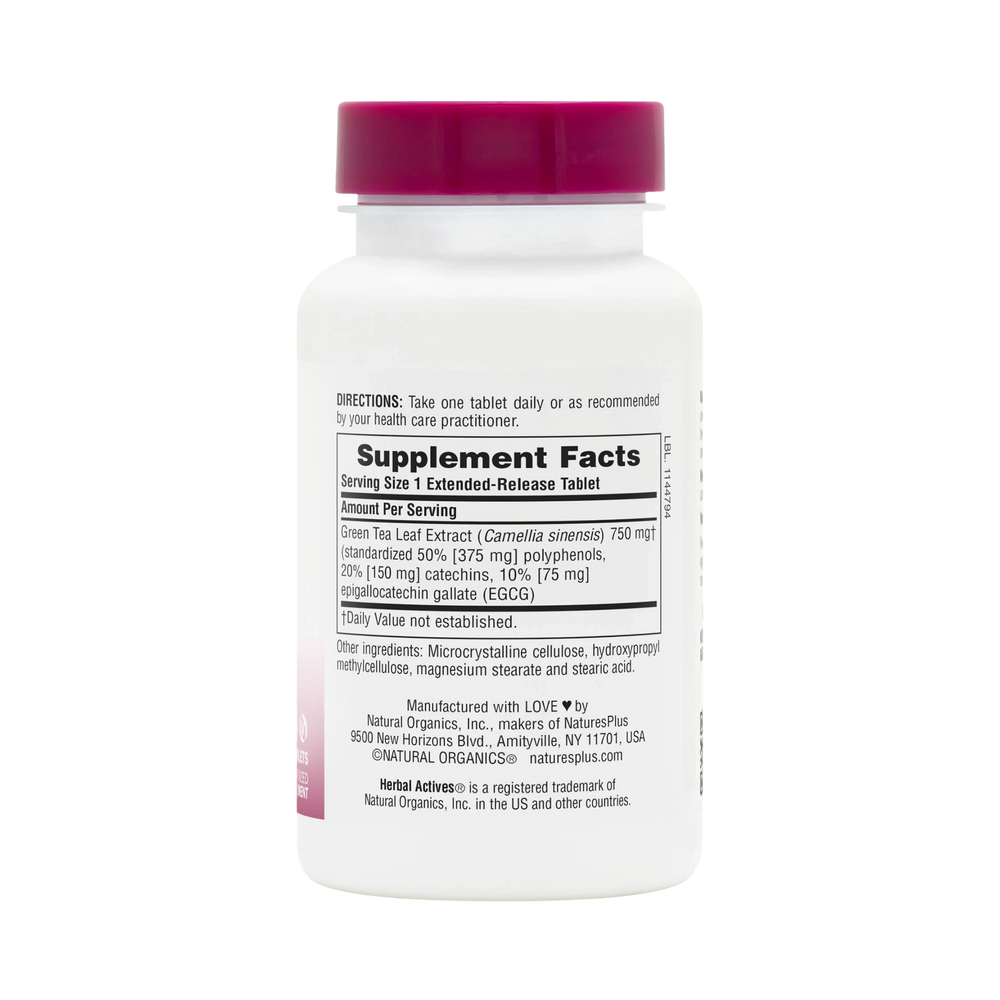 NaturesPlus, Herbal Actives Chinese Green Tea, Extended Release, 750 Mg, Overall Well-Being, 30 Vegetarian Tablets