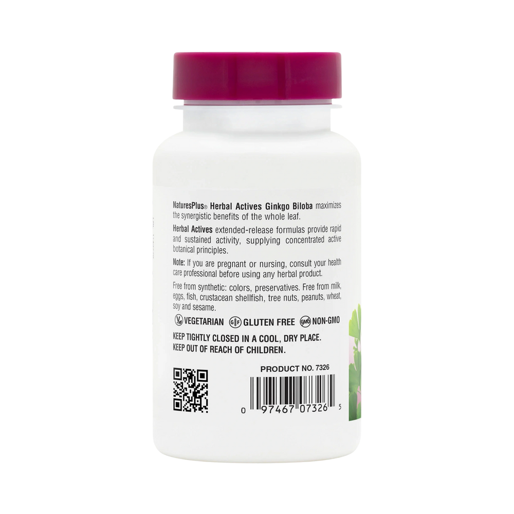NaturesPlus, Herbal Actives Ginkgo Biloba, Extended Release, 120 Mg, 60 Vegan Tablets