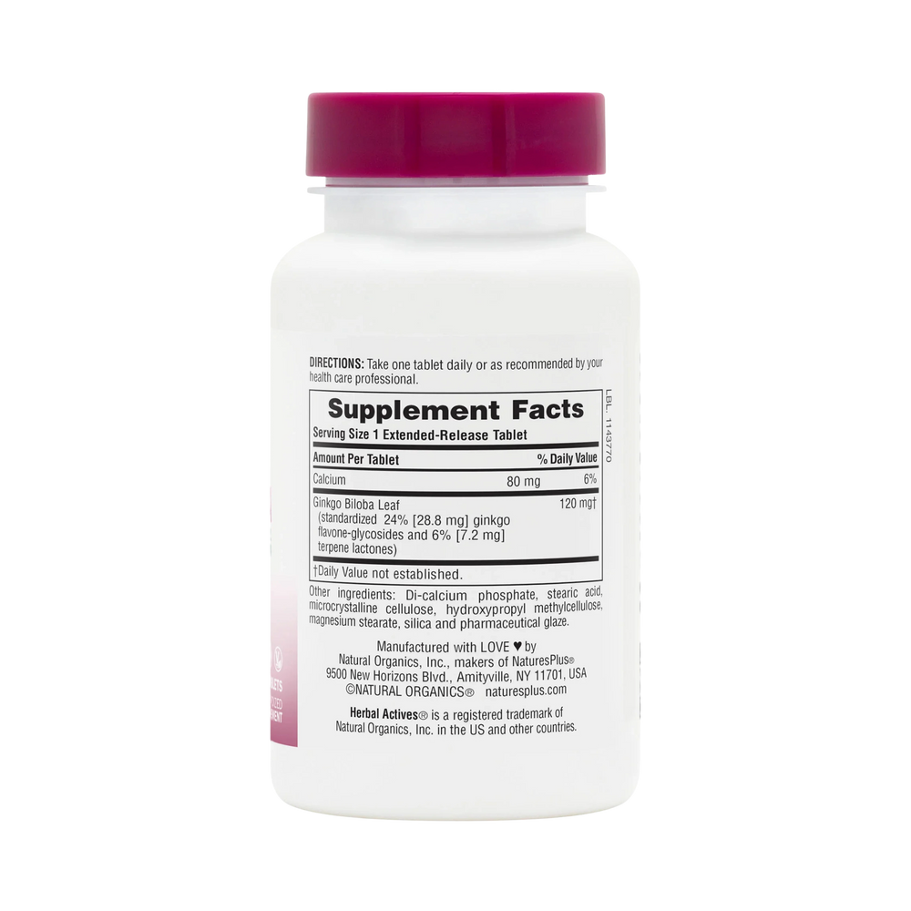 NaturesPlus, Herbal Actives Ginkgo Biloba, Extended Release, 120 Mg, 60 Vegan Tablets