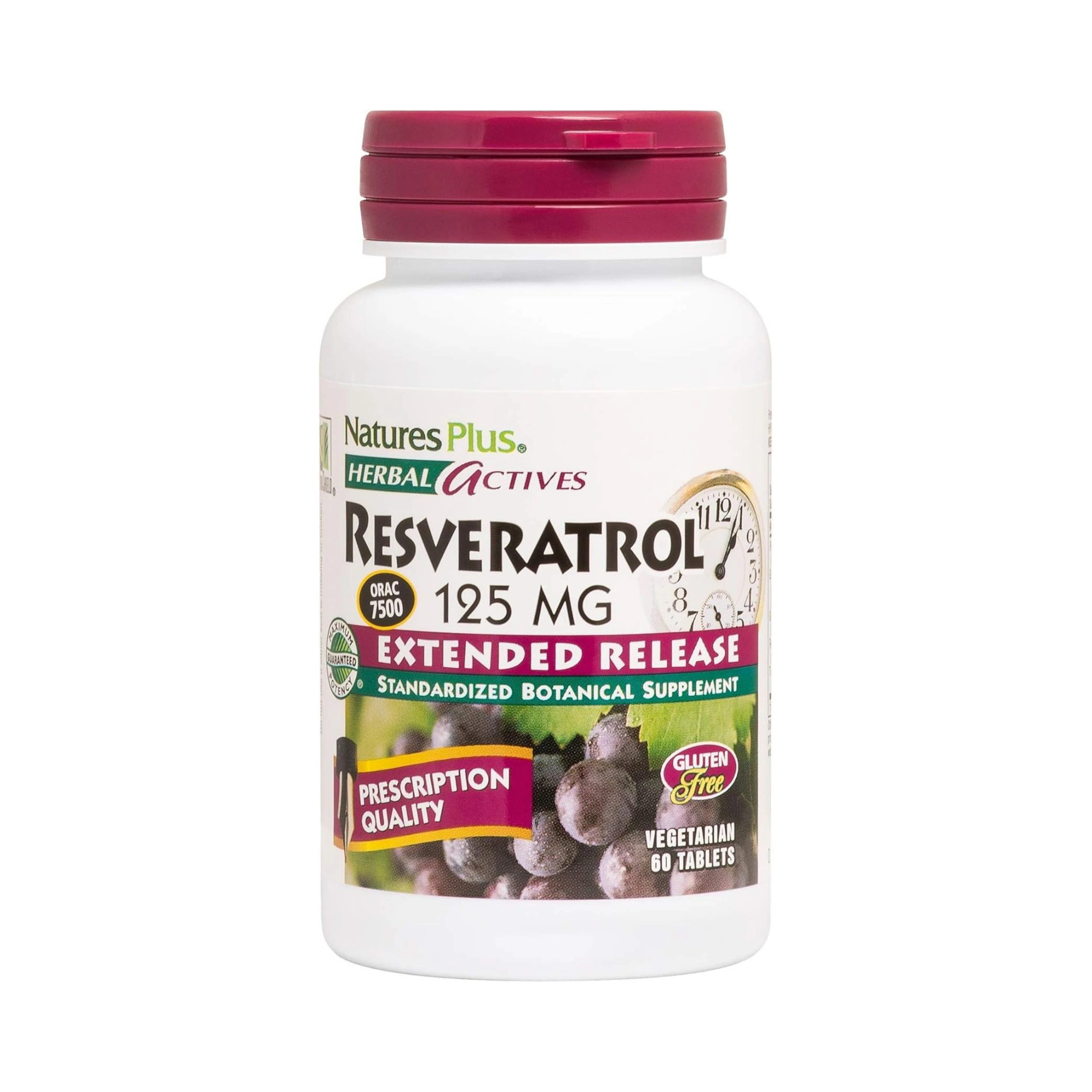 NaturesPlus, Herbal Actives Resveratrol, Extended Release, 125 Mg, 60 Vegetarian Tablets