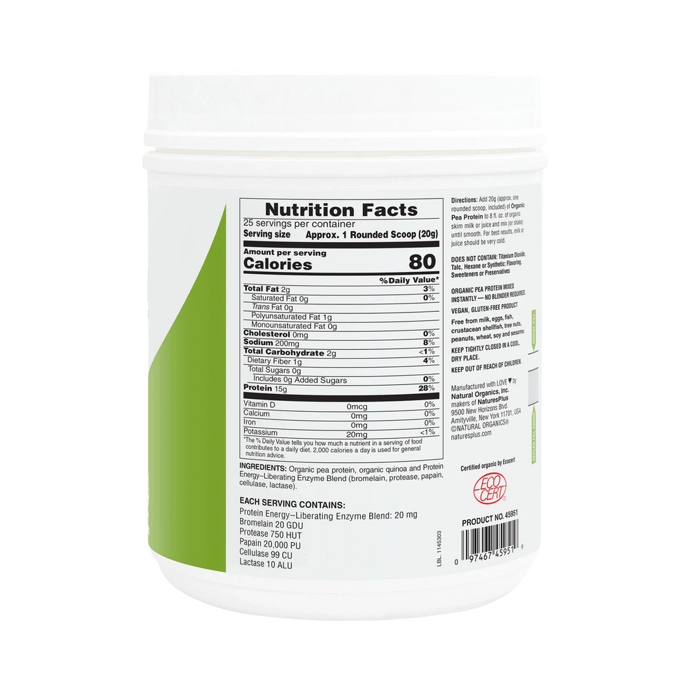 NaturesPlus, Organic Pea Protein Powder, Unflavored, 1.10 Lbs