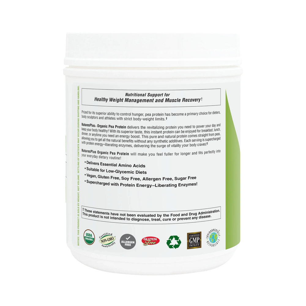 NaturesPlus, Organic Pea Protein Powder, Unflavored, 1.10 Lbs