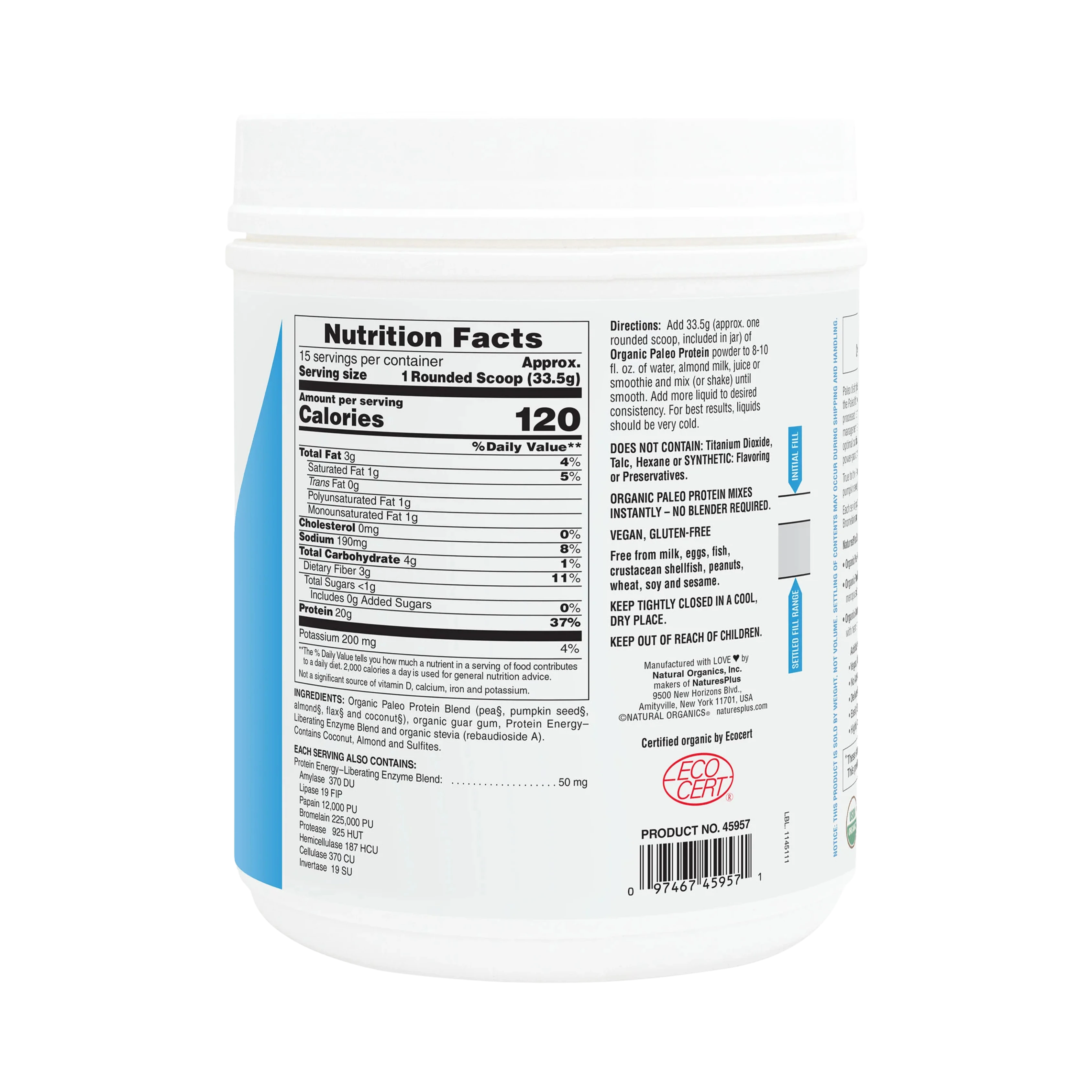 NaturesPlus, Paleo Protein Powder, Unflavored , 1.11 Lbs