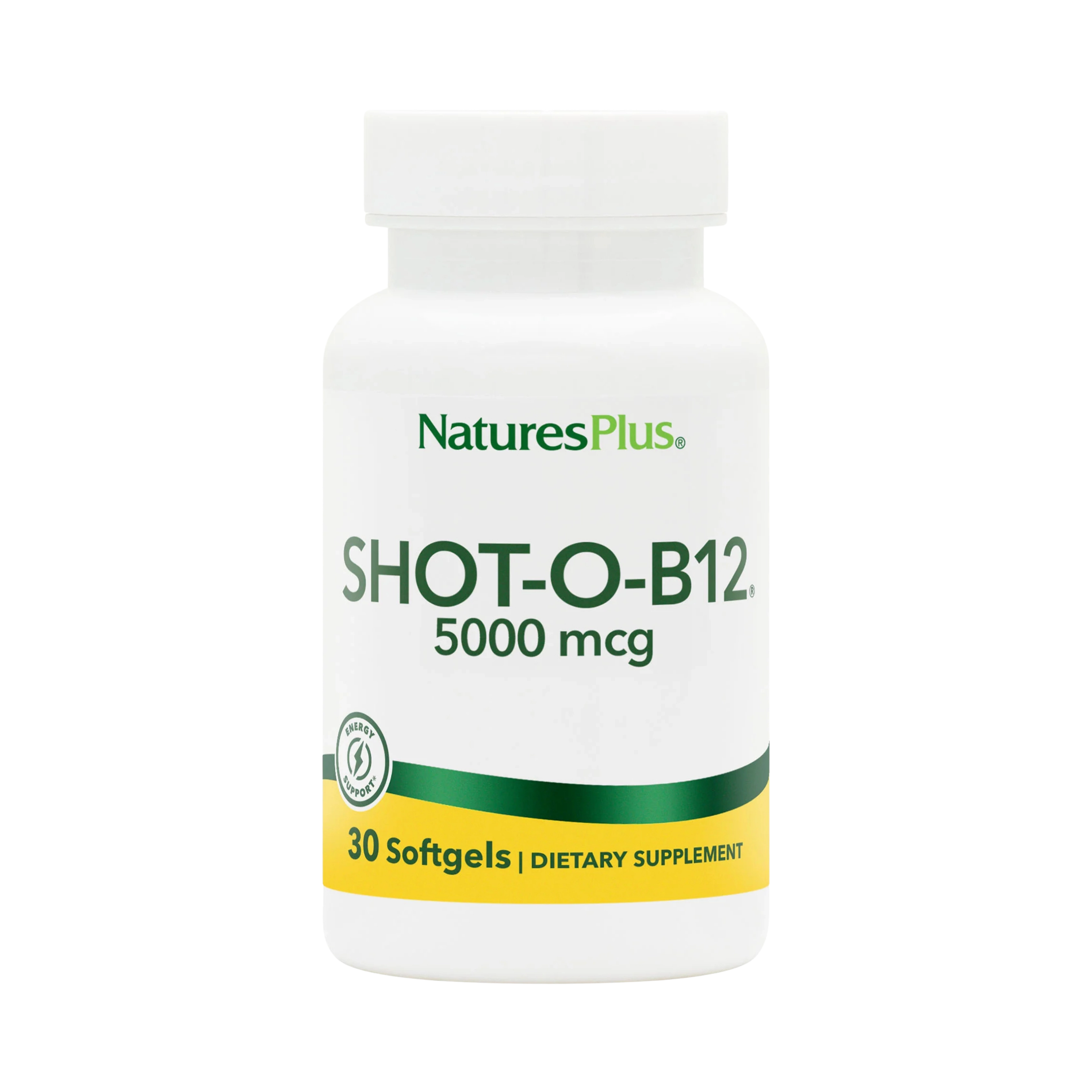 NaturesPlus, Shot-O-B12 (Cyanocobalamin), 5000 Mcg, 30 Softgels