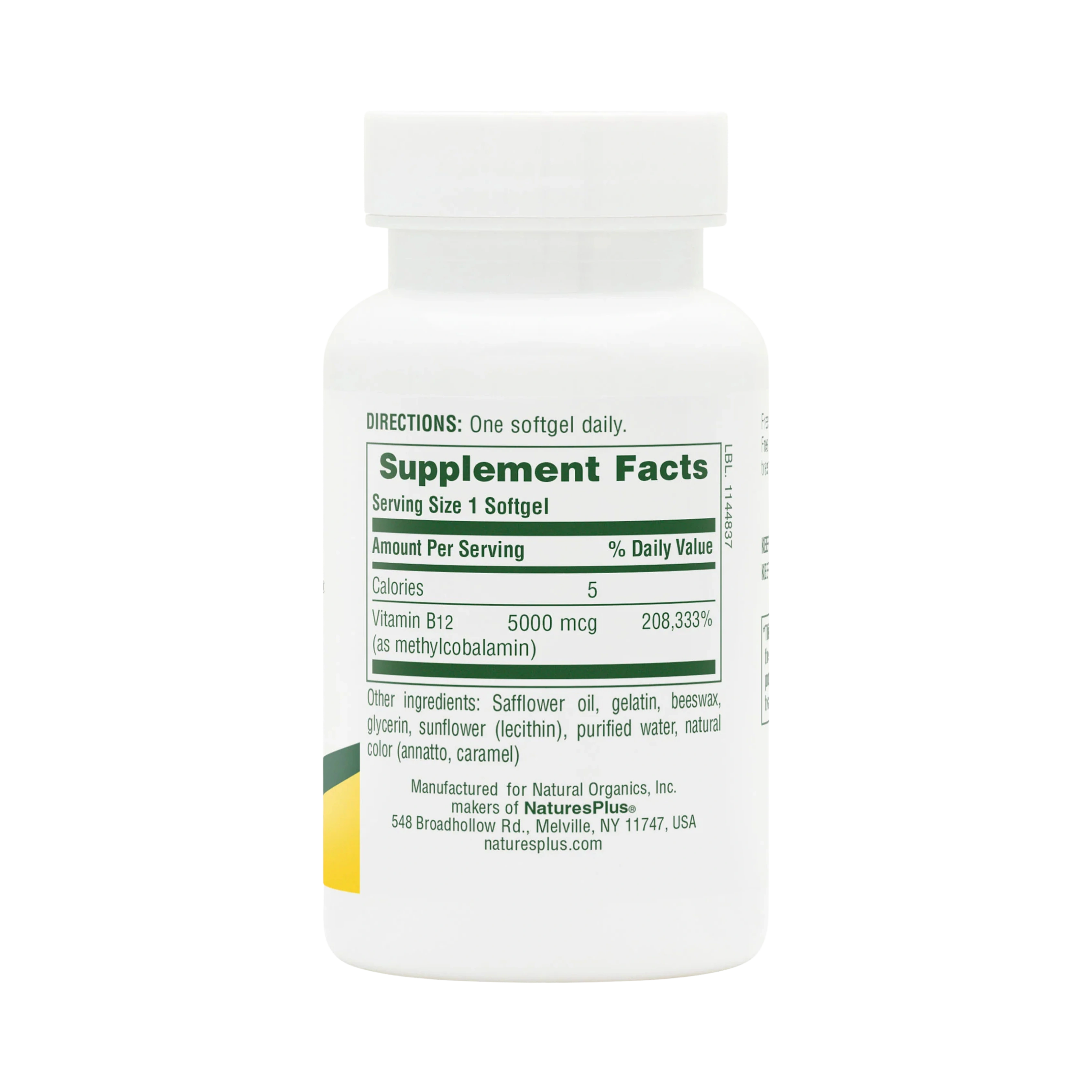 NaturesPlus, Shot-O-B12 (Cyanocobalamin), 5000 Mcg, 30 Softgels