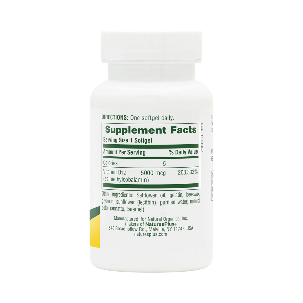 NaturesPlus, Shot-O-B12 (Cyanocobalamin), 5000 Mcg, 30 Softgels