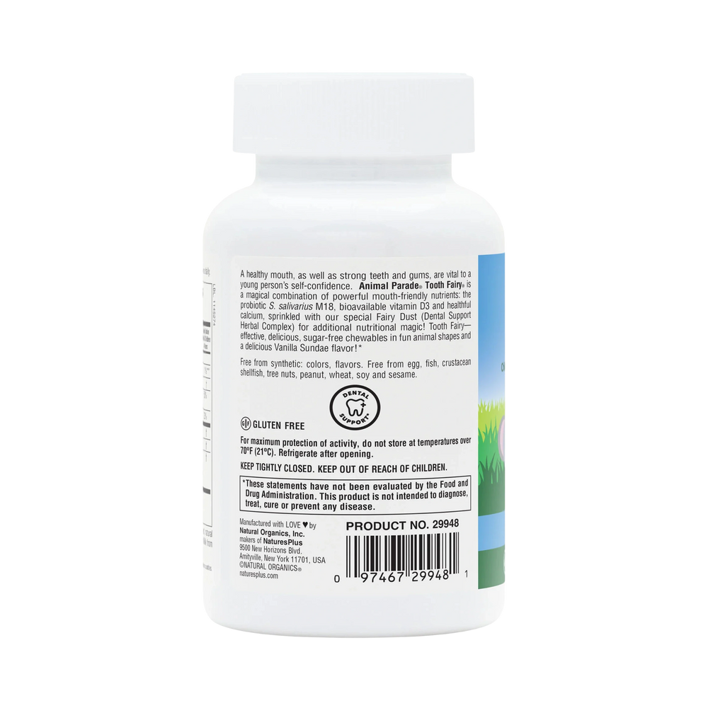 NaturesPlus, Source of Life, Animal Parade, Children's Chewable Tooth Fairy Probiotic, Vitamin D3 & Calcium, Vanilla, 90 Animal-Shaped Tablets