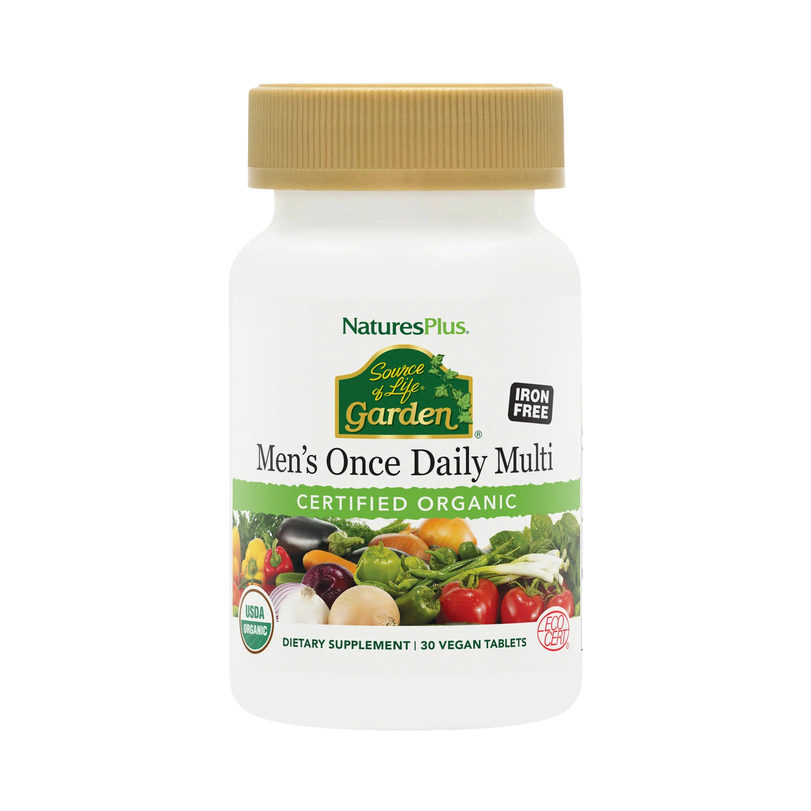 NaturesPlus, Source of Life Garden, Organic Men's Once Daily Multi, Iron Free, 30 Vegan Tablets