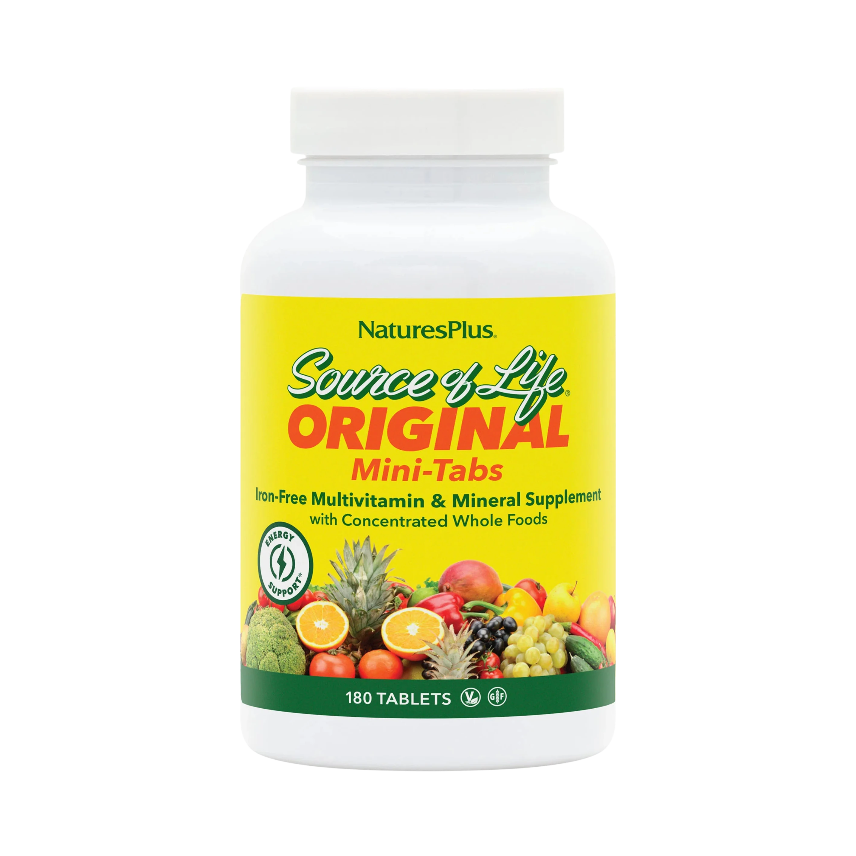 NaturesPlus, Source of Life, Original Mini-Tabs, Multivitamin & Mineral Supplement with Concentrated Whole Foods, Iron-Free, 180 Tablets