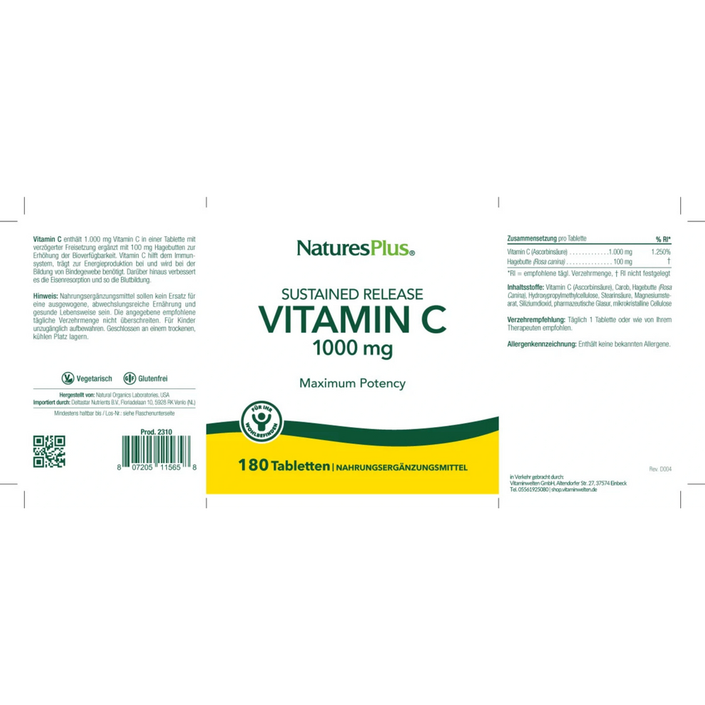 NaturesPlus, Sustained Release Vitamin C, 1000 Mg, 180 Tablets