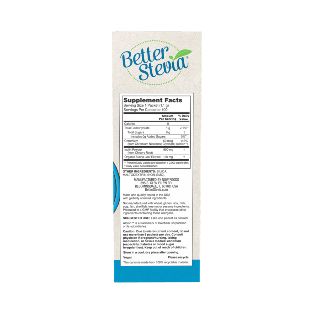 NOW Foods, Better Stevia, Balance with Chromium & Inulin, 100 Packets, 0.039 Oz