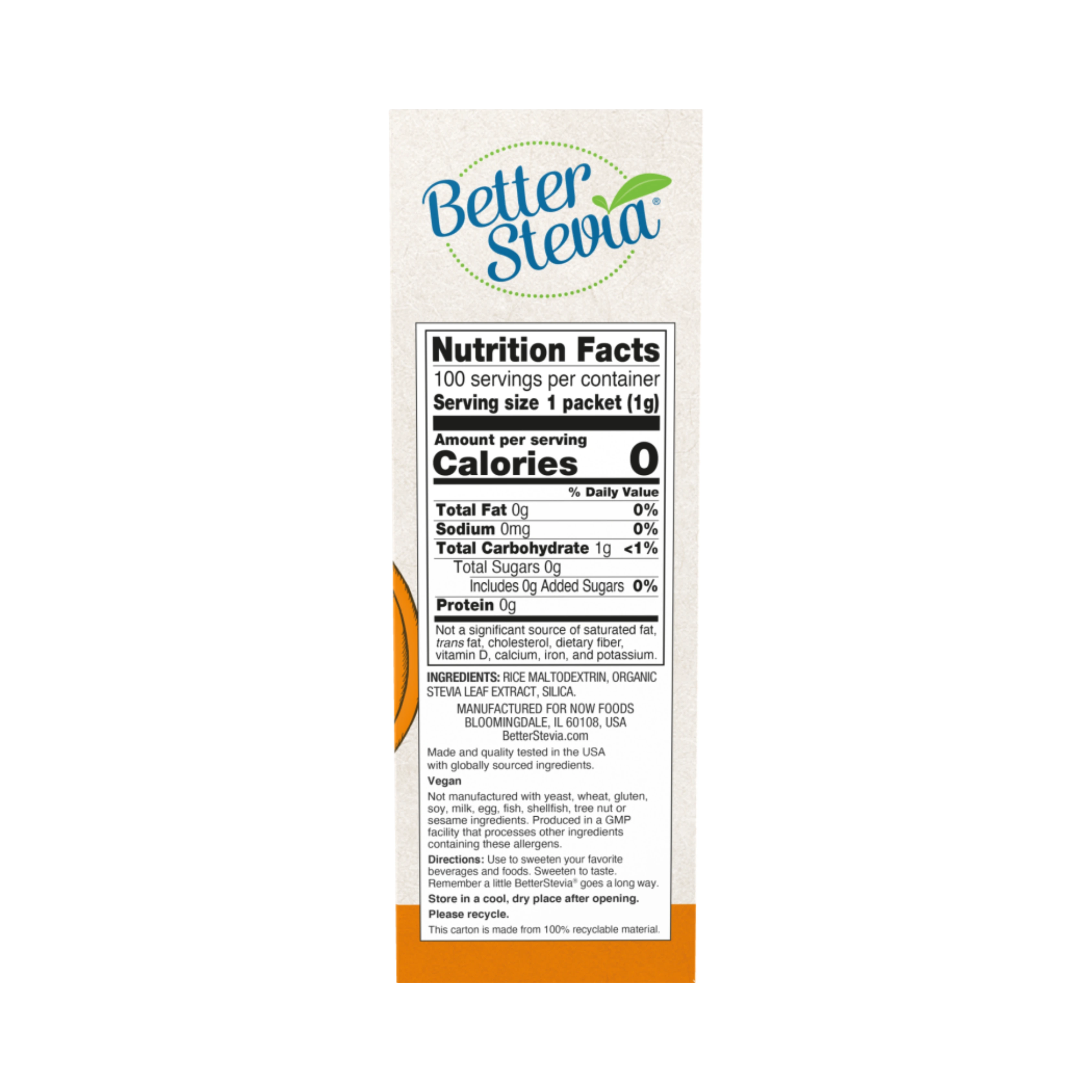 NOW Foods, Better Stevia, Zero-Calorie Sweetener, Original, 100 Packets, 3.5 Oz
