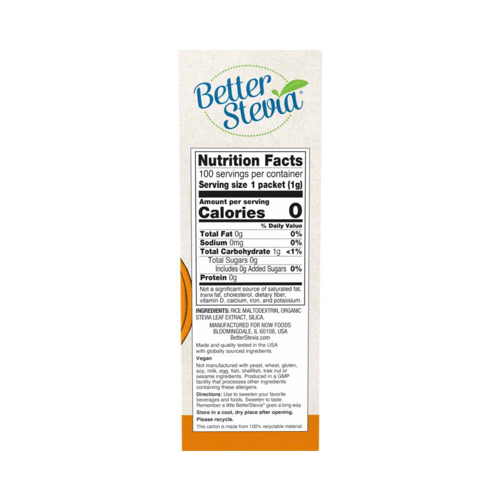 NOW Foods, Better Stevia, Zero-Calorie Sweetener, Original, 100 Packets, 3.5 Oz