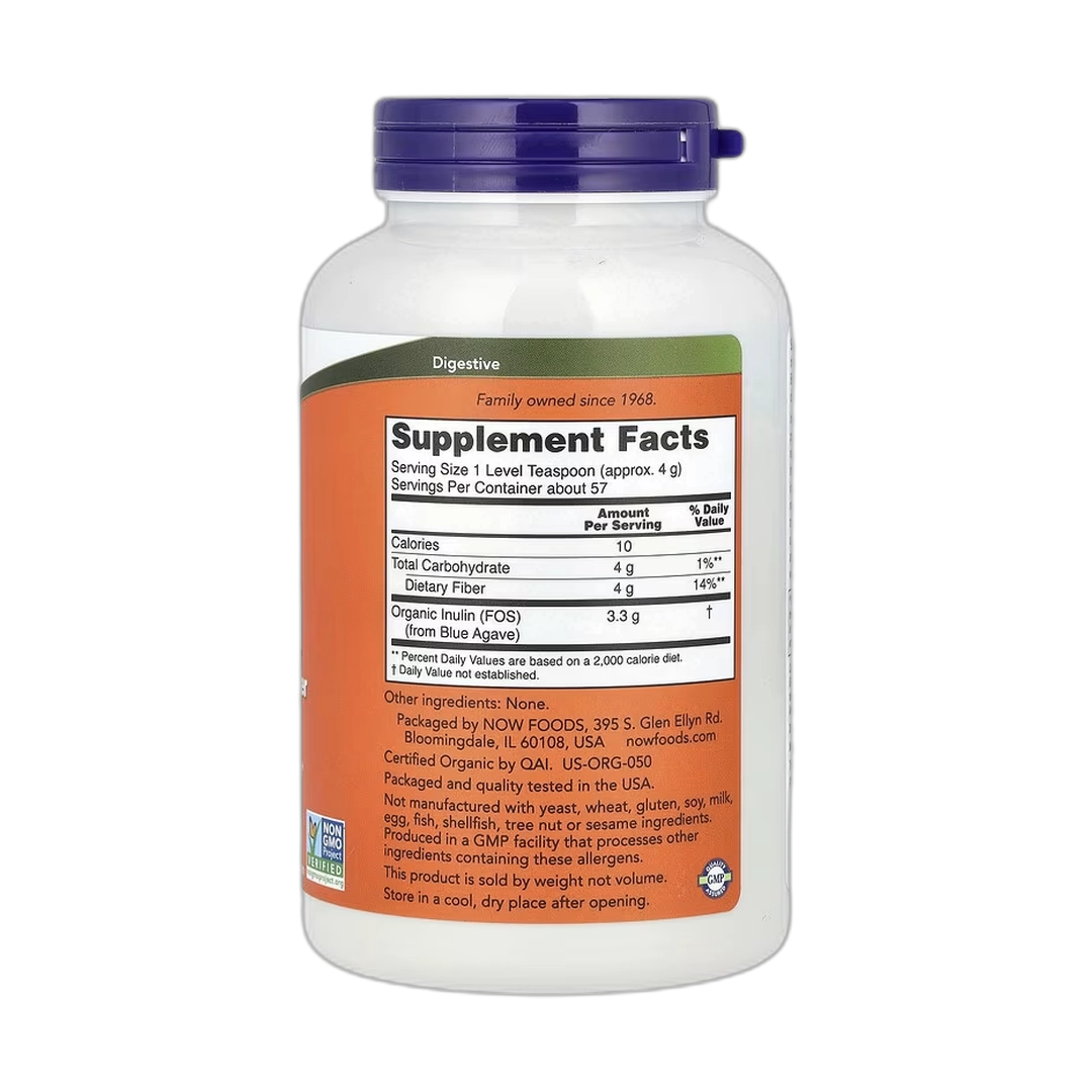 NOW Foods, Certified Organic Inulin, Prebiotic Pure Powder, 8 oz, 227 g