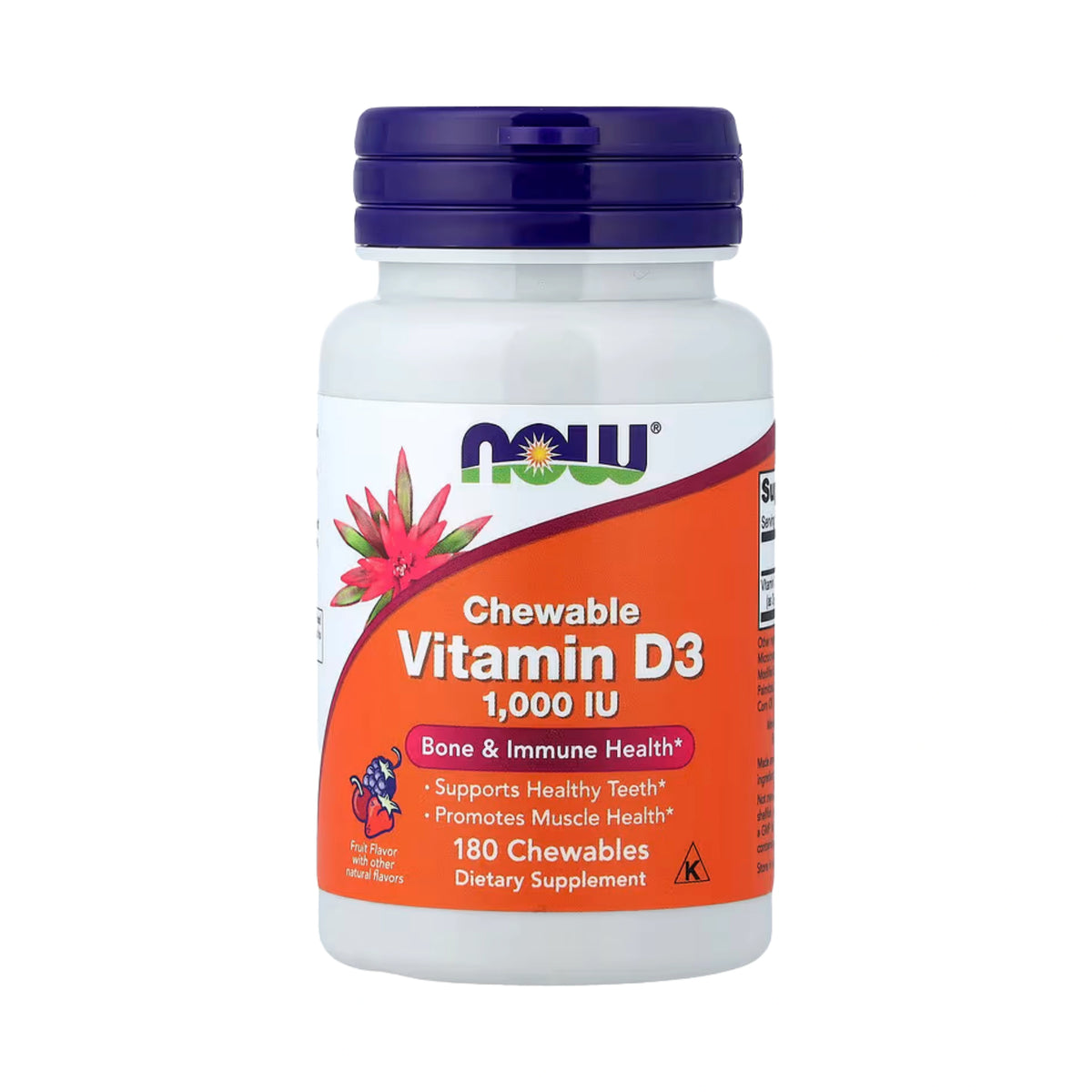 NOW Foods, Chewable Vitamin D-3, Fruit, 25 mcg (1,000 IU), 180 Chewables