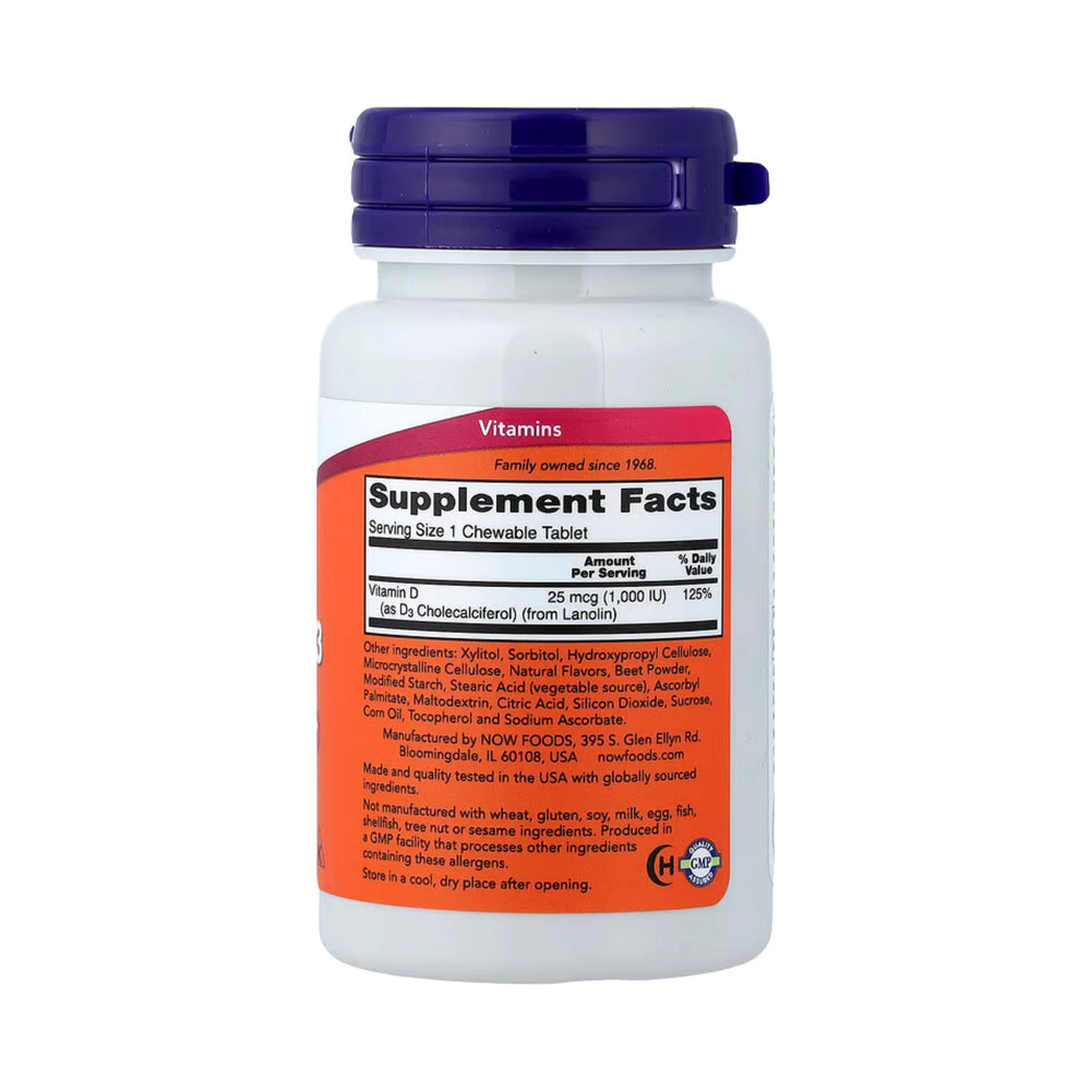 NOW Foods, Chewable Vitamin D-3, Fruit, 25 mcg (1,000 IU), 180 Chewables