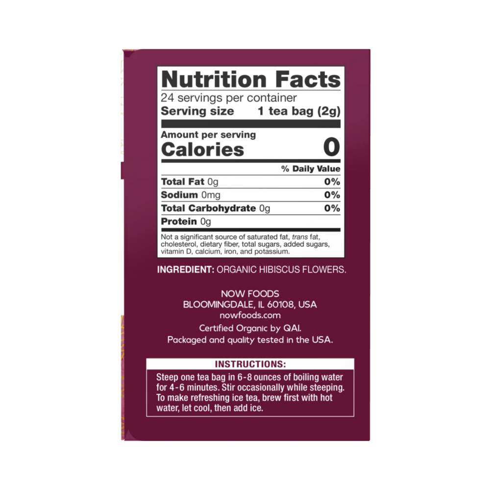NOW Foods, Organic Real Tea, Organically Hip Hibiscus, Caffeine-Free, 24 Tea Bags, 1.7 Oz
