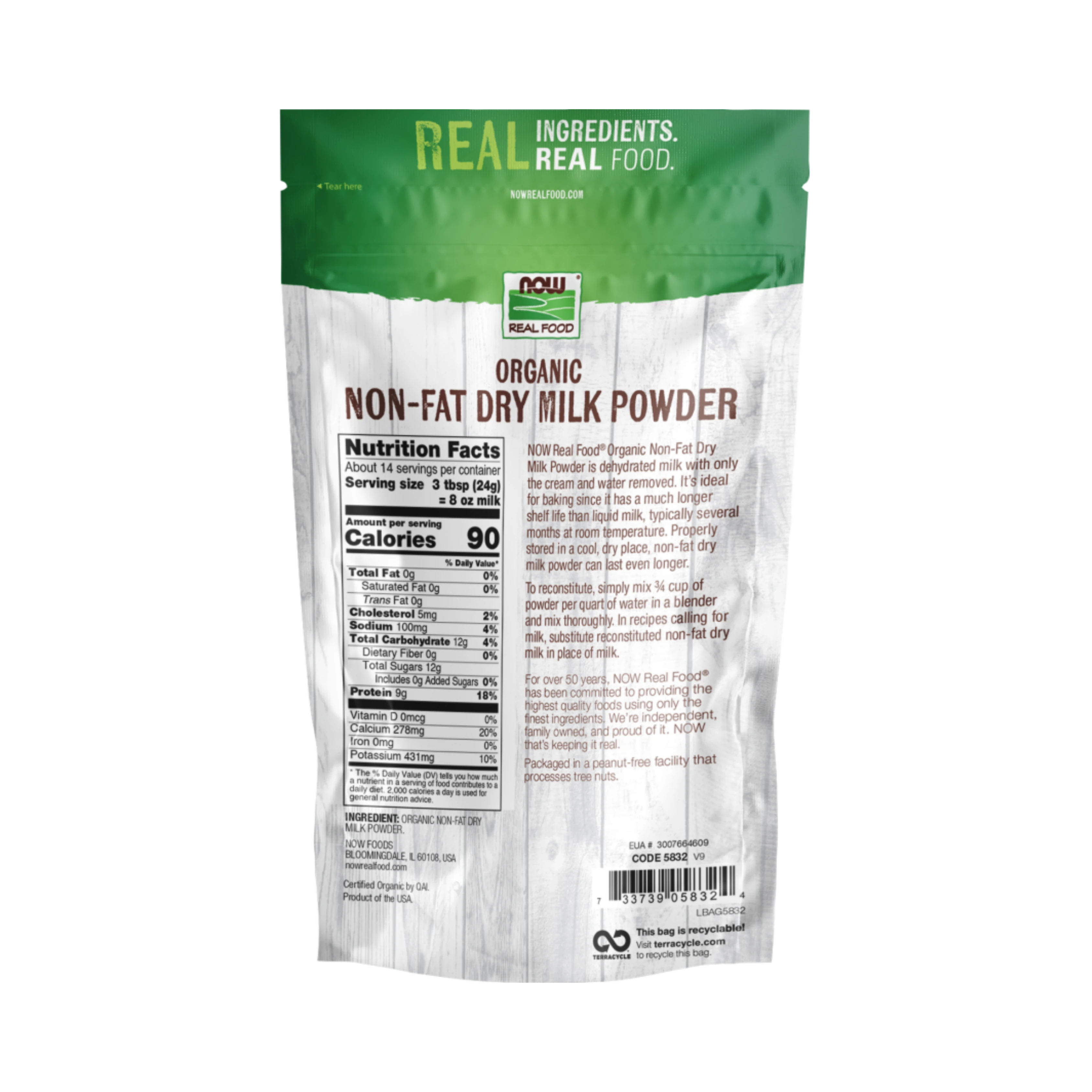 NOW Foods, Real Food, Organic Non-Fat Dry Milk Powder, 12 Oz
