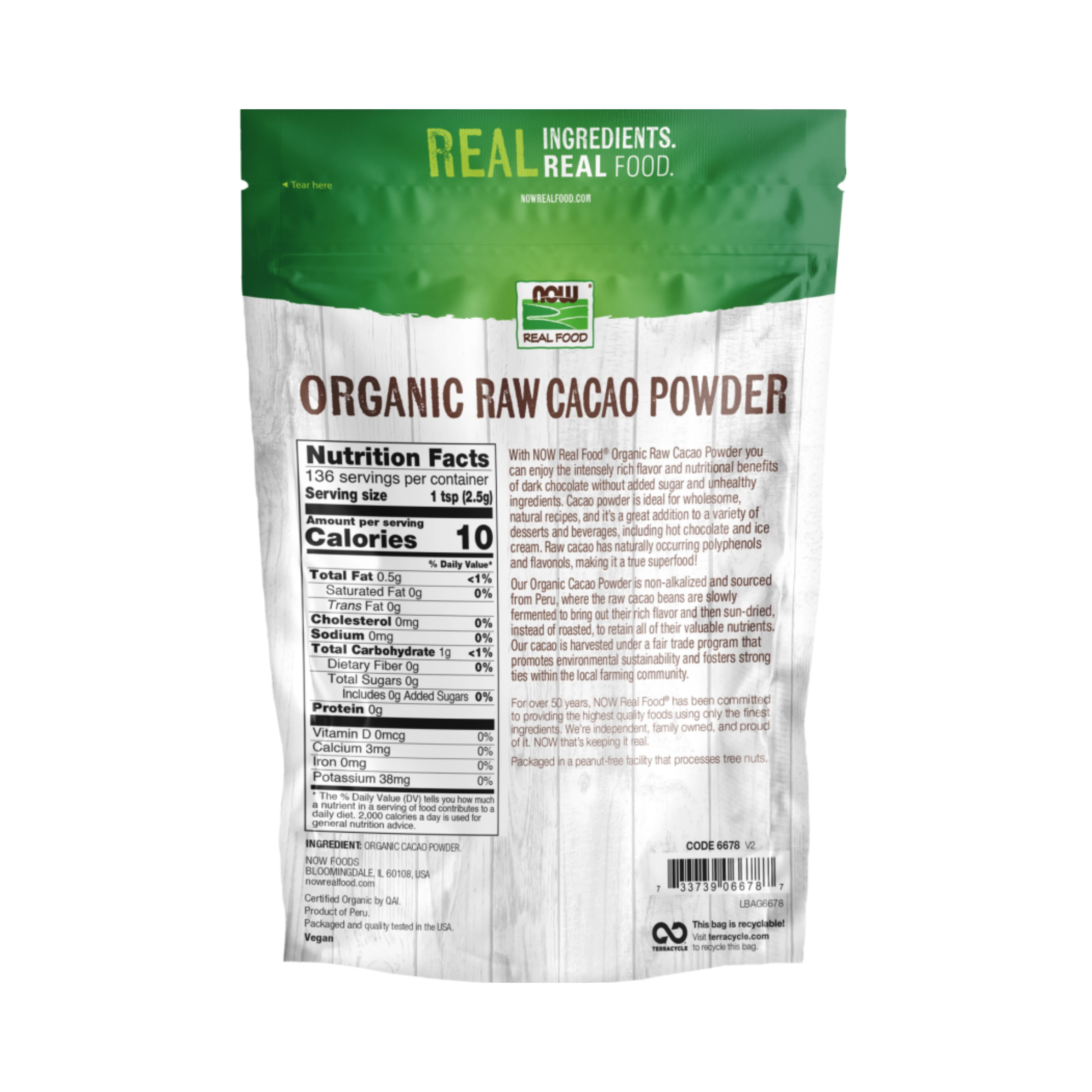 NOW Foods, Real Food, Organic Raw Cacao Powder, 12 Oz