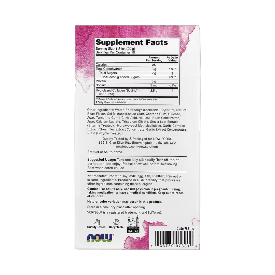 NOW Foods, Solutions, Collagen Jelly Beauty Complex, Sweet Plum, 10 Jelly Sticks, 0.705 oz (20 g) Each