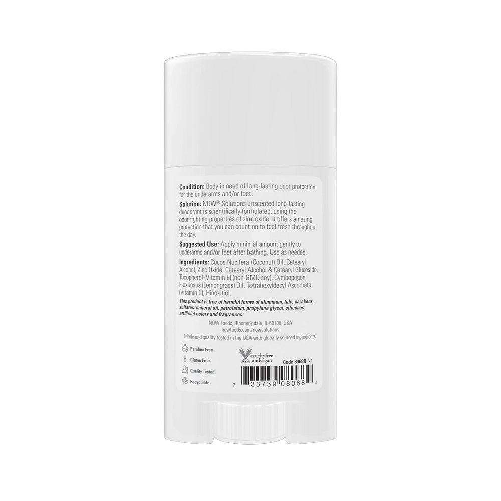 NOW Foods, Solutions, Long-Lasting Deodorant, Unscented, 2.2 oz, 62 g