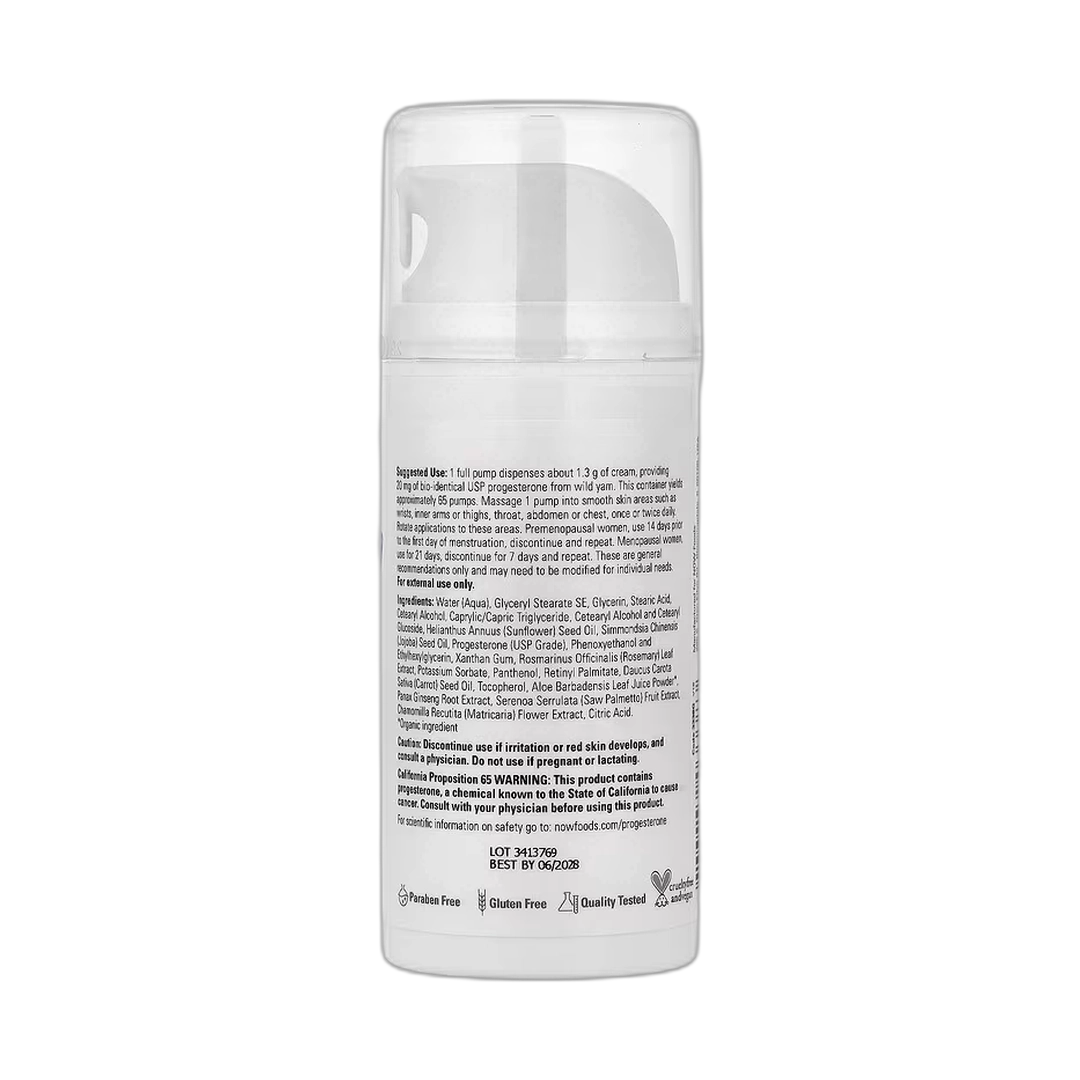 NOW Foods, Solutions, Progesterone from Wild Yam, Balancing Skin Cream, Fragrance Free, 3 oz, 85 g