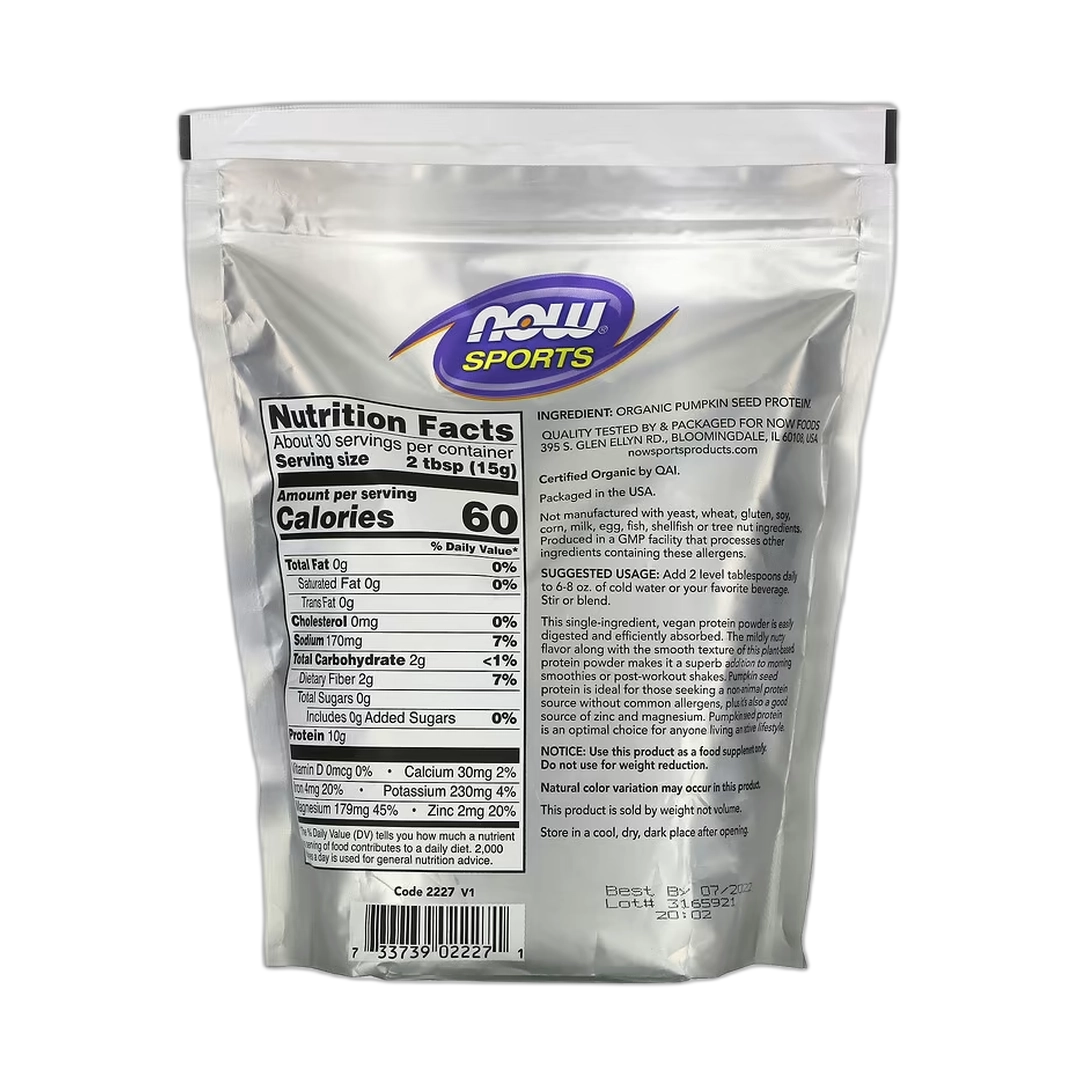 NOW Foods, Sports, Organic Pumpkin Seed Protein Powder, Unflavored, 1 lb, 454 g