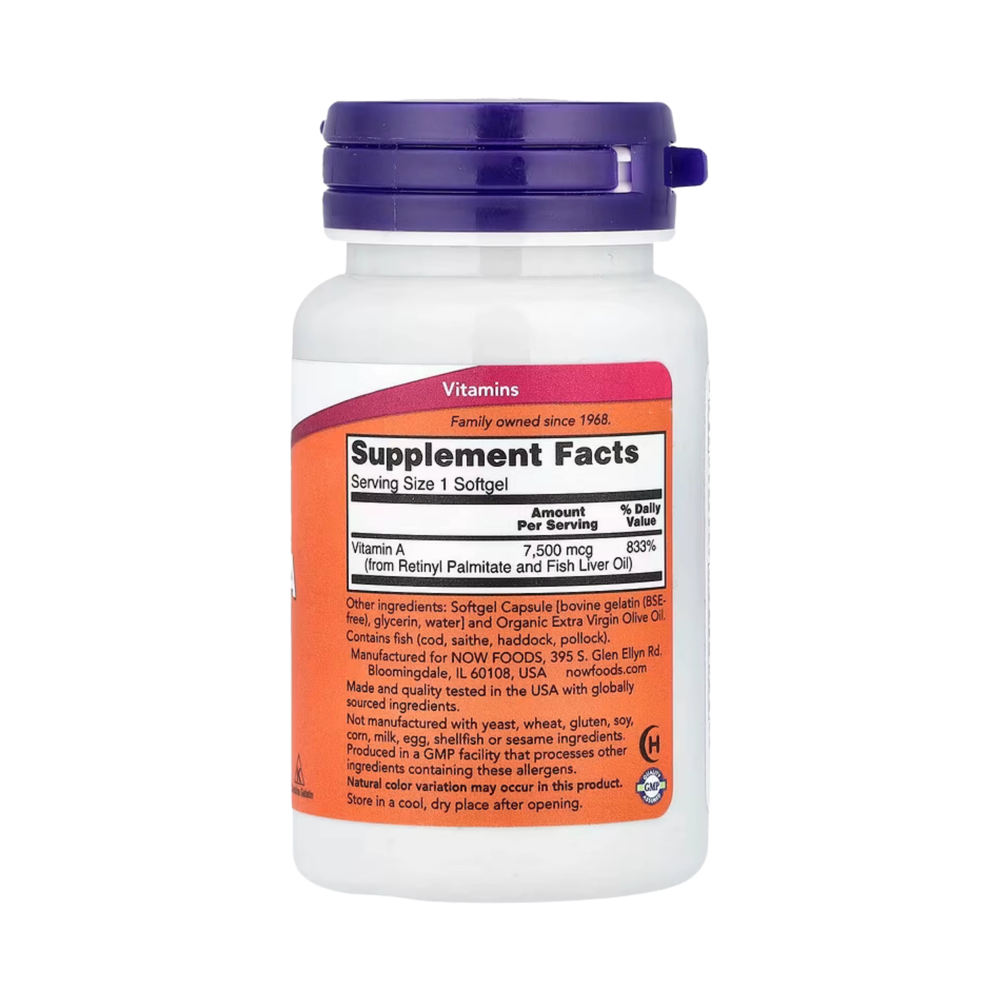 NOW Foods, Vitamin A, 7,500 mcg (25,000 IU), 100 Softgels