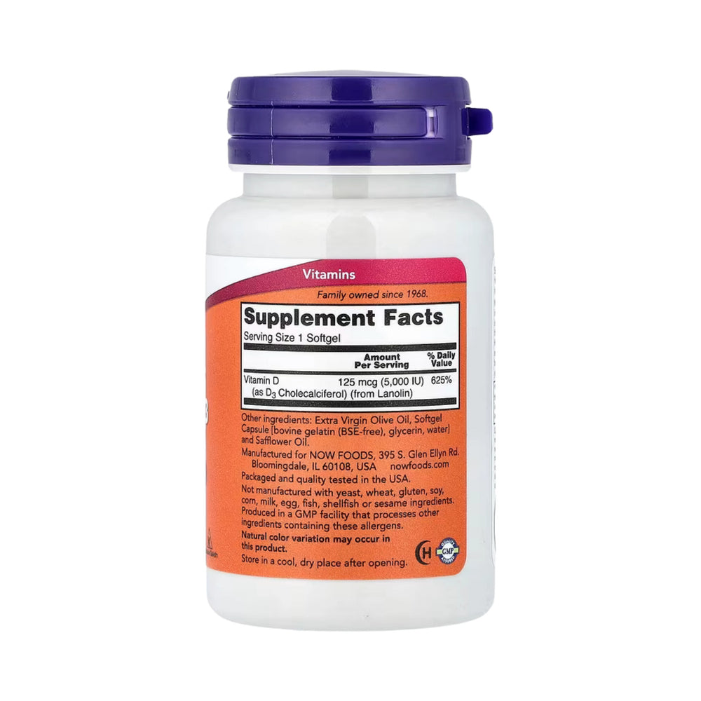 NOW Foods, Vitamin D-3, High Potency, 125 mcg (5,000 IU), 120 Softgels