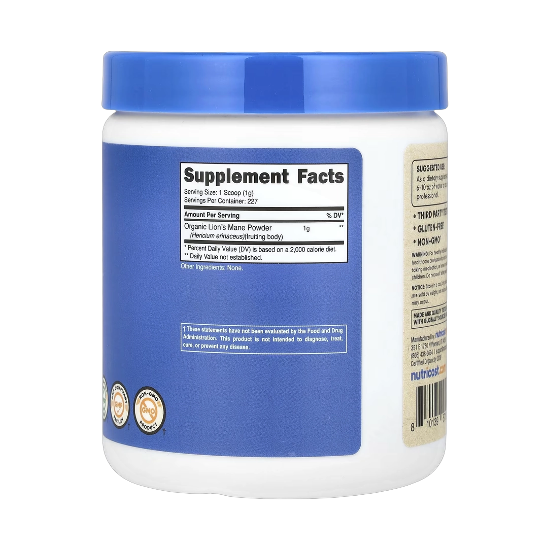 Nutricost, 100% Organic Lion's Mane Mushroom, Unflavored , 8.1 oz, 227 g