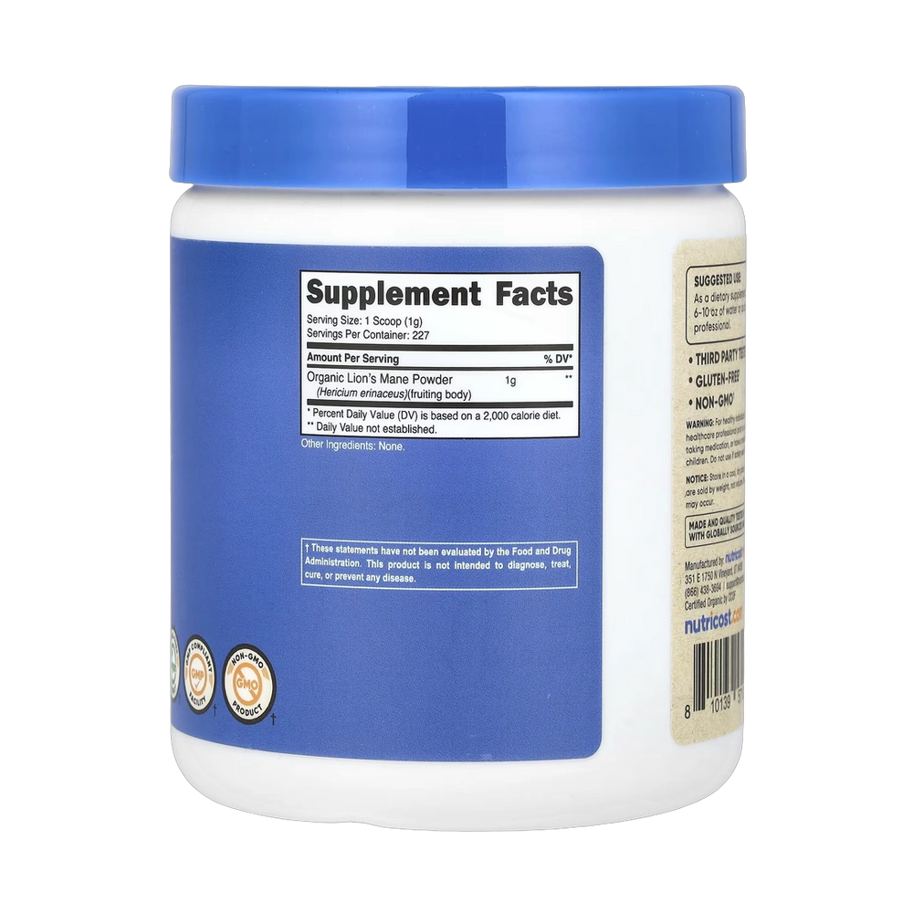 Nutricost, 100% Organic Lion's Mane Mushroom, Unflavored , 8.1 oz, 227 g