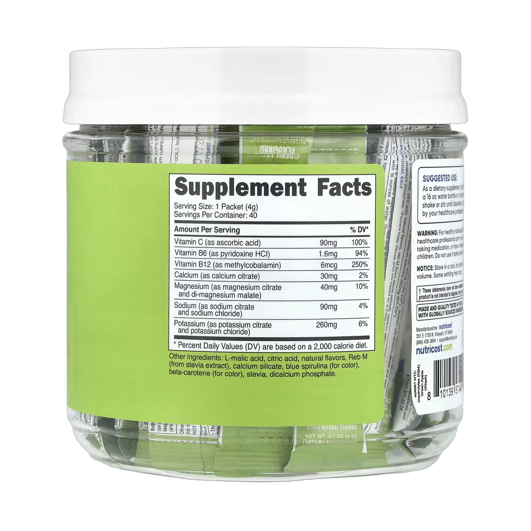Nutricost, Electrolytes, Advanced Hydration Complex, Green Apple , 40 Stick Packs, 0.1 oz, (4 g) Each