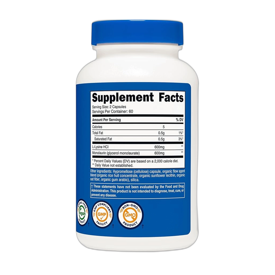 Nutricost L-Lysine + Monolaurin (1,200mg) 120 Capsules