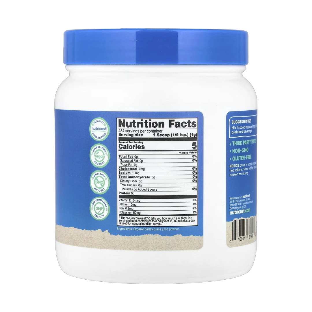 Nutricost, Organic Barley Grass Juice Powder, Unflavored, 16.2 oz, 454 g